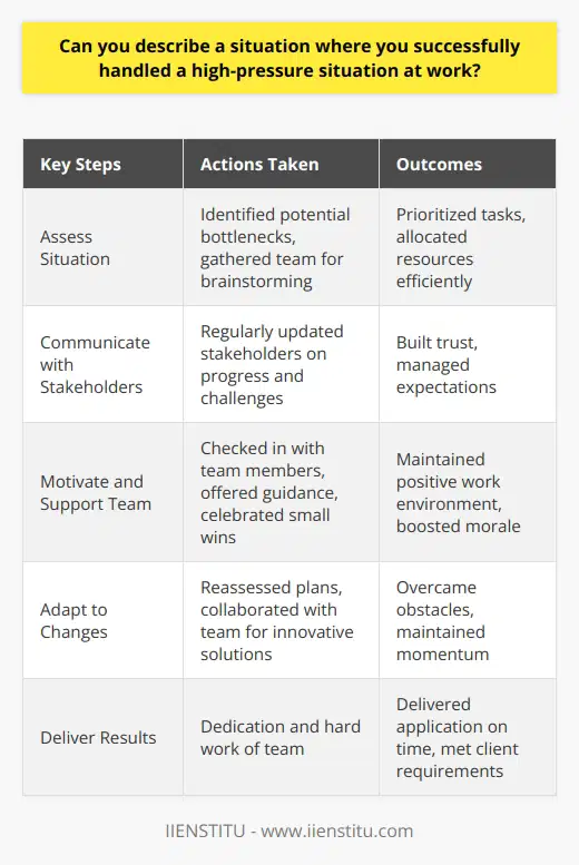 Handling high-pressure situations at work is a crucial skill that demonstrates an individuals ability to remain calm and focused under stress. One such situation I successfully navigated occurred during my tenure as a project manager at a software development company. Our team was tasked with delivering a complex application for a major client within a tight deadline, and any delay would result in significant financial penalties for the company. Assessing the Situation and Developing a Plan Upon realizing the gravity of the situation, I quickly assessed the projects progress and identified potential bottlenecks. I gathered my team to discuss the challenges we faced and brainstormed solutions to address them. We prioritized tasks, allocated resources efficiently, and established clear lines of communication to ensure everyone was on the same page. Communicating with Stakeholders I kept stakeholders informed about the projects status, regularly updating them on our progress and any obstacles we encountered. By maintaining transparency and open communication, I built trust and managed expectations, ensuring that everyone understood the steps we were taking to meet the deadline. Motivating and Supporting the Team Recognizing the increased pressure on my team, I focused on keeping them motivated and supported throughout the project. I regularly checked in with each team member, offering guidance and assistance when needed. We celebrated small victories along the way, boosting morale and maintaining a positive work environment despite the challenging circumstances. Adapting to Changes and Overcoming Obstacles As with any complex project, we encountered unexpected issues that threatened to derail our progress. I remained flexible and adaptable, quickly reassessing our plan and making necessary adjustments to keep the project on track. By thinking creatively and collaborating with my team, we developed innovative solutions to overcome obstacles and maintain our momentum. Delivering Results and Learning from the Experience Through the dedication and hard work of my team, we successfully delivered the application on time, meeting all client requirements. The experience taught me valuable lessons about effective leadership, communication, and problem-solving under pressure. I learned the importance of remaining calm, focusing on solutions, and relying on the strength of my team to overcome challenges. Applying Lessons Learned to Future High-Pressure Situations The lessons I learned from this experience have proven invaluable in subsequent high-pressure situations at work. I now approach challenges with greater confidence, knowing that by assessing the situation, developing a plan, communicating effectively, and supporting my team, we can successfully navigate even the most difficult circumstances. In conclusion, successfully handling high-pressure situations at work requires a combination of strong leadership, effective communication, adaptability, and a focus on solutions. By applying these principles and learning from past experiences, individuals can develop the skills necessary to thrive under pressure and deliver exceptional results for their organizations.