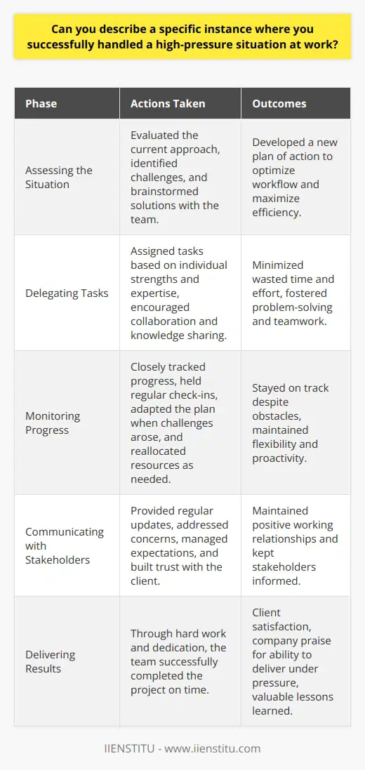 One specific instance where I successfully handled a high-pressure situation at work involved a tight project deadline. Our team was tasked with delivering a complex software solution to a major client within an extremely short timeframe. The clients business depended on the timely completion of this project, and failure to meet the deadline would have resulted in significant financial losses for both the client and our company. Assessing the Situation and Developing a Plan I quickly assessed the situation and realized that our current approach would not allow us to meet the deadline. I gathered the team and openly discussed the challenges we faced. Together, we brainstormed potential solutions and developed a new plan of action that would optimize our workflow and maximize efficiency. Delegating Tasks and Leveraging Team Strengths I carefully delegated tasks to team members based on their individual strengths and expertise. By ensuring that each person was working on tasks they excelled at, we were able to minimize wasted time and effort. I also encouraged open communication and collaboration among team members to facilitate problem-solving and knowledge sharing. Monitoring Progress and Adapting to Challenges Throughout the project, I closely monitored our progress and held regular check-ins with the team. When unforeseen challenges arose, I quickly adapted our plan and reallocated resources as needed. By remaining flexible and proactive, we were able to stay on track despite the obstacles we encountered. Communicating with Stakeholders and Managing Expectations I maintained open lines of communication with the client and other stakeholders throughout the project. I provided regular updates on our progress and proactively addressed any concerns they had. By managing expectations and keeping everyone informed, I was able to build trust and maintain a positive working relationship with the client. Delivering Results and Learning from the Experience Through the hard work and dedication of our team, we successfully completed the project on time. The client was thrilled with the results, and our company received praise for our ability to deliver under pressure. I learned valuable lessons about the importance of effective planning, communication, and adaptability in high-pressure situations. Key Takeaways       By applying these strategies and maintaining a positive, solution-oriented mindset, I was able to successfully navigate a high-pressure situation and deliver exceptional results for both my team and the client.