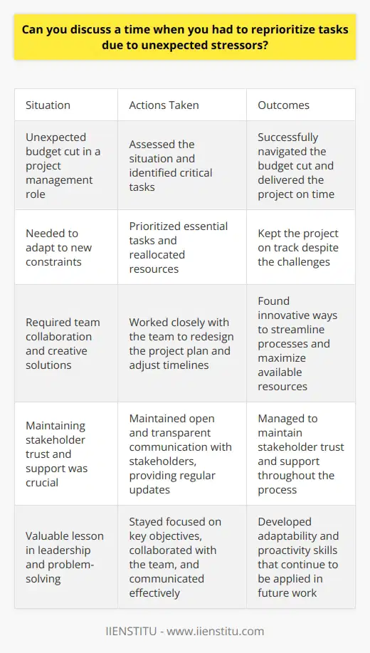 In my previous role as a project manager, I encountered an unexpected budget cut that required immediate action. I quickly assessed the situation and identified the most critical tasks that needed to be completed to ensure the projects success. I communicated with my team and stakeholders to explain the changes and gain their support. Prioritizing Essential Tasks To adapt to the new constraints, I prioritized the tasks that were essential to delivering the projects core objectives. This meant temporarily putting some less critical activities on hold and reallocating resources to the most important work streams. It wasnt an easy decision, but it was necessary to keep the project on track. Collaborating with the Team I worked closely with my team to redesign our project plan and adjust our timelines. We brainstormed creative solutions to overcome the challenges posed by the budget reduction. By fostering a collaborative and supportive environment, we were able to find innovative ways to streamline our processes and maximize our available resources. Communicating with Stakeholders Throughout the process, I maintained open and transparent communication with our stakeholders. I provided regular updates on our progress, explained the reasons behind the changes, and set realistic expectations. By keeping everyone informed and engaged, I was able to maintain their trust and support, even in the face of adversity. Lessons Learned This experience taught me the importance of being adaptable and proactive in the face of unexpected challenges. By staying focused on the projects key objectives, collaborating with my team, and communicating effectively with stakeholders, I was able to successfully navigate the budget cut and deliver the project on time and within the revised budget. It was a valuable lesson in leadership and problem-solving that I continue to apply in my work today.