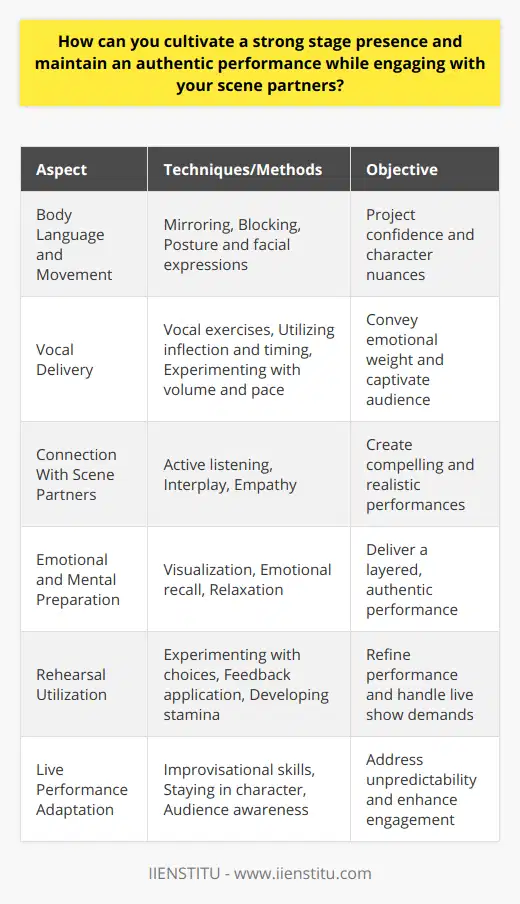 Cultivating a strong stage presence is an integral part of an actor's development and success in the world of theatre. It's the magnetic quality that separates the remarkable from the unremarkable, ensuring that an actor's performance resonates with the audience. Achieving this presence requires a combination of technical skill, emotional depth, and the ability to connect authentically both with the audience and with scene partners.**Mastering Body Language and Movement**Body language is a powerful tool in an actor's repertoire that communicates more than words alone. It's pivotal for actors to comprehend how to use their bodies expressively to project confidence and character. Techniques to master include:- **Mirroring:** This helps in understanding and reflecting the emotional state of scene partners.- **Blocking:** This involves the thoughtful planning of where and how you move on stage to tell a clear story visually.- **Posture and facial expressions:** Subtle changes here can convey a wealth of information about a character’s internal state.Self-aware movement and purposeful stillness both can command attention and convey the nuances of a character's personality and emotions.**Articulating With Conviction and Clarity**Aside from the visual, it's imperative for an actor to have a strong grasp of vocal delivery. The voice must carry the emotional weight of the words so that every syllable resonates with the intended feeling. To achieve this:- **Practice vocal exercises:** to strengthen projection and clarity.- **Utilize inflection and timing:** to add depth and meaning to lines.- **Experiment with volume and pace:** to enhance dramatic effect and maintain the audience’s interest.An actor's voice can be as expressive as their body, painting scenes with tones and rhythms that draw listeners into the story.**Building a Connection With Scene Partners**Authentic connection on stage is key to a performance that feels real and compelling. Actors must engage in:- **Active listening and responding:** This is not merely waiting for one's turn to speak, but truly reacting in the moment.- **Interplay:** The give and take between actors that creates a dynamic on-stage relationship.- **Empathy:** Understanding and relating to the emotional journey of a scene partner's character.Real connections on stage are palpable; they command attention and bring depth to the narrative.**Preparing Emotionally and Mentally**Preparatory work is essential for an actor aiming to deliver a layered, authentic performance. This includes:- **Visualization and mental rehearsal:** to prepare for a scene in advance.- **Emotional recall:** accessing one's own past experiences to bring truth to a character’s emotions.- **Relaxation:** to reduce anxiety and physical tension, enabling a more focused performance.An actor should delve deeply into the psyche of their character, using personal experiences to add verisimilitude to their portrayal. **Utilizing Rehearsals Effectively**Rehearsals are more than just practice runs; they offer a safe space to explore the boundaries of the performance. During rehearsals:- **Experiment with choices:** to discover what works best for the character and scene.- **Seek and apply feedback:** from the director and fellow actors to refine the performance.- **Develop stamina:** both physical and emotional, for the demands of live shows.Mistakes made in rehearsal are learning experiences that contribute to growth and improvement.**Adapting and Adjusting During Live Performances**A truly powerful stage presence is evidenced by an actor’s ability to adapt to the unexpected. Live theatre is unpredictable, and an actor’s agility can save the moment. This involves:- **Improvisational skills:** to seamlessly handle missed cues or unexpected interruptions.- **Staying in character:** even when things don't go as planned.- **Audience awareness:** adapting the performance based on audience reaction.The capacity to remain composed and remain true to the character under any circumstance is the hallmark of a professional.By embodying these principles and approaches, actors can enhance their stage presence dramatically. A strong stage presence is borne out of a deep understanding of both the craft and oneself, ensuring every performance is not just seen but felt by the audience. As such, actors must continuously seek to improve through training, feedback, and live experience—a lifelong dedication to the art of authentic storytelling on the stage.