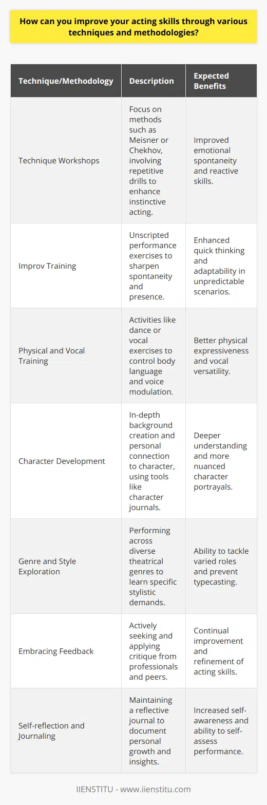 Acting is an intricate art, requiring a myriad of skills that can be honed through dedicated practice and immersion in various methodologies. To thrive as an actor, one must aspire to continually develop these skills. Here are several techniques and methodologies that actors can employ to enhance their craft:**Technique Workshops and Classes**Workshops on specific acting techniques, such as Meisner or Chekhov, offer platforms for actors to explore the distinct methods of reacting and engaging with other performers. Classes often involve repetitive exercises which aim to heighten the actor’s instinctual responses and emotional availability.**Improv Training**Improvisational theatre workshops or classes are excellent tools for actors to sharpen their spontaneity and ability to stay present in the moment. This form of unscripted theatre cultivates an actor's quick thinking and adaptability, essential skills on both stage and screen.**Physical and Vocal Training**Physical conditioning, which may include dance, martial arts, or mime work, enhances an actor's control and expressiveness of their body. Vocal training, on the other hand, ensures an actor can deliver lines with the varied intonation, pitch, and emotion required by different characters and scenes. Breath control, diction, and resonance are also improved through systematic vocal exercises.**Character Development**One of the most profound methodologies is in-depth character development. By researching and creating detailed backgrounds for their characters, actors gain insights that translate into more nuanced performances. This methodology may involve creating character journals or employing the Stanislavski's 'system', which encourages actors to draw from their personal emotions and experiences to embody characters more truthfully.**Genre and Style Exploration**Venturing into a variety of performance styles, from Shakespearean plays to modern-day sitcoms, enhances an actor's adaptability. This not only aids in honing specific techniques required for each genre but also assists in preventing typecasting, allowing actors to take on a wide range of roles.**Embracing Feedback**Constructive feedback from directors, acting coaches, or peers is invaluable. Actors should seek out critique and actively work on highlighted areas of improvement. This openness to learning from others is a cornerstone of artistic growth.**Self-reflection and Journaling**Keeping a reflective journal can be immensely beneficial. It serves as a personal catalog of experiences, thoughts, and breakthroughs, enabling actors to track their progress and reflect on their performances with a critical eye.In essence, actors must approach their craft with a sense of dedication and a willingness to experiment. It's a combination of attending workshops, physical and vocal conditioning, embracing diverse theatrical styles, and reflecting on both internal and external feedback that builds solid acting skills. This robust blend of practice and introspection, coupled with a passion for continuous learning, is the key to achieving excellence in the dynamic world of acting.