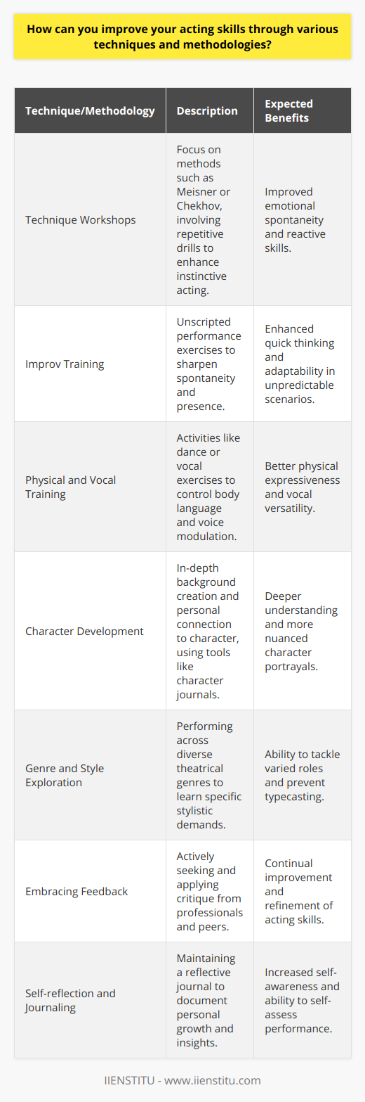 Acting is an intricate art, requiring a myriad of skills that can be honed through dedicated practice and immersion in various methodologies. To thrive as an actor, one must aspire to continually develop these skills. Here are several techniques and methodologies that actors can employ to enhance their craft:**Technique Workshops and Classes**Workshops on specific acting techniques, such as Meisner or Chekhov, offer platforms for actors to explore the distinct methods of reacting and engaging with other performers. Classes often involve repetitive exercises which aim to heighten the actor’s instinctual responses and emotional availability.**Improv Training**Improvisational theatre workshops or classes are excellent tools for actors to sharpen their spontaneity and ability to stay present in the moment. This form of unscripted theatre cultivates an actor's quick thinking and adaptability, essential skills on both stage and screen.**Physical and Vocal Training**Physical conditioning, which may include dance, martial arts, or mime work, enhances an actor's control and expressiveness of their body. Vocal training, on the other hand, ensures an actor can deliver lines with the varied intonation, pitch, and emotion required by different characters and scenes. Breath control, diction, and resonance are also improved through systematic vocal exercises.**Character Development**One of the most profound methodologies is in-depth character development. By researching and creating detailed backgrounds for their characters, actors gain insights that translate into more nuanced performances. This methodology may involve creating character journals or employing the Stanislavski's 'system', which encourages actors to draw from their personal emotions and experiences to embody characters more truthfully.**Genre and Style Exploration**Venturing into a variety of performance styles, from Shakespearean plays to modern-day sitcoms, enhances an actor's adaptability. This not only aids in honing specific techniques required for each genre but also assists in preventing typecasting, allowing actors to take on a wide range of roles.**Embracing Feedback**Constructive feedback from directors, acting coaches, or peers is invaluable. Actors should seek out critique and actively work on highlighted areas of improvement. This openness to learning from others is a cornerstone of artistic growth.**Self-reflection and Journaling**Keeping a reflective journal can be immensely beneficial. It serves as a personal catalog of experiences, thoughts, and breakthroughs, enabling actors to track their progress and reflect on their performances with a critical eye.In essence, actors must approach their craft with a sense of dedication and a willingness to experiment. It's a combination of attending workshops, physical and vocal conditioning, embracing diverse theatrical styles, and reflecting on both internal and external feedback that builds solid acting skills. This robust blend of practice and introspection, coupled with a passion for continuous learning, is the key to achieving excellence in the dynamic world of acting.