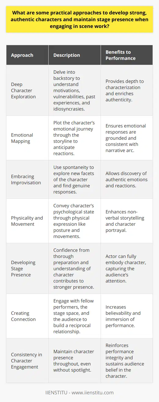 When it comes to the art of acting and performance, developing authentic characters and maintaining a captivating stage presence are essential. Actors often use various techniques to bring their characters to life and keep audiences invested in the story. Here are some practical approaches to achieve this:**Deep Character Exploration**Begin with an exhaustive delve into your character's backstory. Understand where they come from, what has shaped their world view, and what drives them. These details will provide a strong foundation and depth to the character. Motivations, vulnerabilities, past experiences, and idiosyncrasies can all offer unique layers that enrich a character's authenticity.**Emotional Mapping**Incorporating the technique of emotional mapping is crucial for tracing your character’s emotional changes throughout the storyline. By plotting out these highs and lows, you gain a complete picture of their transformative journey. It helps anticipate reactions and align them with the narrative arc, ensuring that every emotion demonstrated is grounded in the character’s experience.**Embracing Improvisation**Improvisation is a powerful tool. It allows the performer to explore beyond the script and discover new facets of the character. By reacting spontaneously, you can uncover genuine, in-the-moment emotions and responses which can be refined and incorporated into the performance. **Physicality and Movement**Physicality is fundamental in character portrayal. A character's posture, mannerisms, and movement patterns say a great deal about their inner life. Through purposeful choices in physical expression, actors can convey their characters' psychological and emotional states without speaking a word.**Developing Stage Presence**A robust stage presence is built on a foundation of confidence. This confidence comes from thorough preparation, including the complete memorization of lines and a deep understanding of the character. When actors are not worried about finding their next line, they can fully embody the character and enhance their presence on stage.**Creating Connection**Creating a solid connection with your fellow performers, the physical space of the stage, and the audience is essential. A reciprocal relationship with other actors maintains believability, while engaging with the stage space makes the environment part of the performance. And, even though an actor may not directly interact with the audience, understanding their presence and responding to their energy can reinforce the actor’s stage presence.**Consistency in Character Engagement**Actors should ensure that their characters remain engaged throughout the performance, not just when they are in the spotlight. Full character immersion means that reactions and presence are consistent, which reinforces the integrity of the performance and maintains the audience’s belief in the character's reality.Crafting strong, authentic characters and keeping the audience immersed in the performance are key goals for actors. These practical approaches focus on in-depth character construction, emotional connectivity, and a robust stage presence. By using these strategies, actors can not only enhance their craft but also ensure that each performance is compelling, authentic, and memorable.