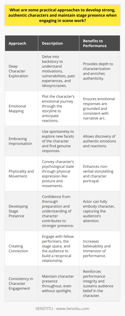 When it comes to the art of acting and performance, developing authentic characters and maintaining a captivating stage presence are essential. Actors often use various techniques to bring their characters to life and keep audiences invested in the story. Here are some practical approaches to achieve this:**Deep Character Exploration**Begin with an exhaustive delve into your character's backstory. Understand where they come from, what has shaped their world view, and what drives them. These details will provide a strong foundation and depth to the character. Motivations, vulnerabilities, past experiences, and idiosyncrasies can all offer unique layers that enrich a character's authenticity.**Emotional Mapping**Incorporating the technique of emotional mapping is crucial for tracing your character’s emotional changes throughout the storyline. By plotting out these highs and lows, you gain a complete picture of their transformative journey. It helps anticipate reactions and align them with the narrative arc, ensuring that every emotion demonstrated is grounded in the character’s experience.**Embracing Improvisation**Improvisation is a powerful tool. It allows the performer to explore beyond the script and discover new facets of the character. By reacting spontaneously, you can uncover genuine, in-the-moment emotions and responses which can be refined and incorporated into the performance. **Physicality and Movement**Physicality is fundamental in character portrayal. A character's posture, mannerisms, and movement patterns say a great deal about their inner life. Through purposeful choices in physical expression, actors can convey their characters' psychological and emotional states without speaking a word.**Developing Stage Presence**A robust stage presence is built on a foundation of confidence. This confidence comes from thorough preparation, including the complete memorization of lines and a deep understanding of the character. When actors are not worried about finding their next line, they can fully embody the character and enhance their presence on stage.**Creating Connection**Creating a solid connection with your fellow performers, the physical space of the stage, and the audience is essential. A reciprocal relationship with other actors maintains believability, while engaging with the stage space makes the environment part of the performance. And, even though an actor may not directly interact with the audience, understanding their presence and responding to their energy can reinforce the actor’s stage presence.**Consistency in Character Engagement**Actors should ensure that their characters remain engaged throughout the performance, not just when they are in the spotlight. Full character immersion means that reactions and presence are consistent, which reinforces the integrity of the performance and maintains the audience’s belief in the character's reality.Crafting strong, authentic characters and keeping the audience immersed in the performance are key goals for actors. These practical approaches focus on in-depth character construction, emotional connectivity, and a robust stage presence. By using these strategies, actors can not only enhance their craft but also ensure that each performance is compelling, authentic, and memorable.