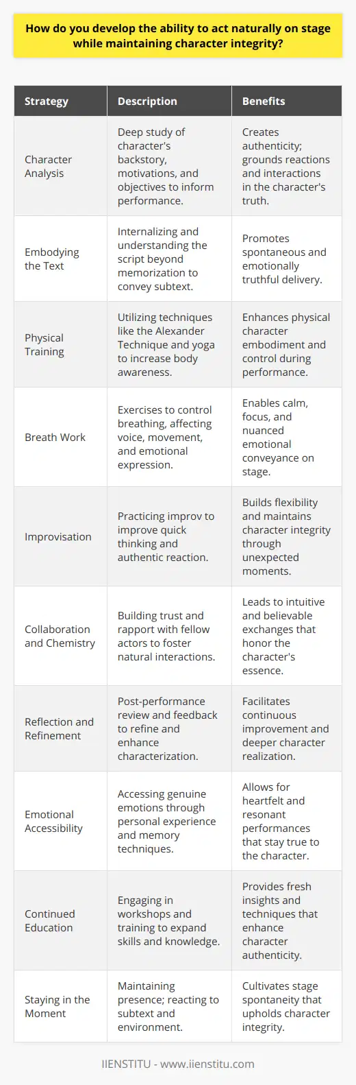 Acting on stage presents unique challenges, as it requires an equilibrium between staying true to the character and delivering a performance that appears natural to the audience. To enhance one's ability to maintain character integrity while acting naturally, there are several strategies and concepts to consider.Engaging with Character Analysis:Delving deeply into the character's backstory, motivations, and objectives helps actors to tether their performances to the script's core. Analyzing the character from multiple angles provides a foundation upon which natural behavior can be constructed. Understanding the character's psyche facilitates an actor's ability to react authentically to events and dialogues on stage.Embodying the Text:Instead of merely memorizing lines, actors should aim to internalize the script and embody the text. When lines are second nature, actors can deliver them with the spontaneity and emotional truth required for a natural performance. Internalization extends to understanding the subtext and emotional undertones of dialogue, which can inform timing and delivery, enhancing believability.Physical Training:Engaging in regular physical training and movement workshops can help actors develop a greater sense of their own bodies. Techniques such as Alexander Technique, yoga, or dance can increase an actor's awareness and control over their physical instrument, allowing them to physically embody the character in a natural and convincing way.Breath Work:Controlling breath is crucial for actors as it affects voice, movement, and timing. Breath work allows actors to maintain calmness and focus; it also plays a pivotal role in conveying emotions on stage organically. Actors who master breath control can use it to inform their performance, maintaining authenticity even under the pressure of live theater.Improvisation:Improvisational exercises can be invaluable in fostering a natural acting style. Improv trains actors to think on their feet and react in the moment, creating a sense of immediacy and reality that translates well to scripted stage work. A familiarity with improvisation encourages flexibility, enabling actors to remain in character even when unexpected incidents occur.Collaboration and Chemistry:Acting naturally on stage also depends on the relationships actors have with their co-stars. Developing chemistry and a sense of trust with fellow performers allows for a reciprocally reactive environment. This collaborative spirit can lead to more fluid, intuitive interactions that uphold character integrity.Reflection and Refinement:After rehearsals and performances, self-reflection and seeking feedback are essential. Actors can review their performances, either through self-analysis or by asking for input from trusted peers or mentors. This reflection enables actors to refine their characterization and discover new ways to embody their roles authentically.Emotional Accessibility:Accessing one's emotions to render a truthful performance is pivotal. Actors can utilize personal experiences, sense memory, or emotional recall to create genuine emotional responses while on stage. This emotional transparency helps to maintain character integrity, as it allows for a heartfelt portrayal that resonates with the audience.Engaging in Continued Education:Participation in workshops, classes, and continual training, such as those offered by IIENSTITU, provide a space to hone skills and learn from experienced professionals. An establishment like IIENSTITU can offer insights and knowledge that enrich the actor's toolkit, assisting them in achieving the nuanced balance between natural performance and unwavering dedication to the character.Staying in the Moment:Above all, staying present and in the moment is vital. This means listening and reacting not just to the words being spoken, but also to the subtext, the environment, and the emotional state of both the character and their scene partners. Staying in the moment can engender a spontaneity and realism that enhances the actor's naturalistic quality while solidifying character integrity.In conclusion, cultivating the ability to act naturally on stage while upholding character integrity involves a multifaceted approach. It's a blend of technique mastery, physical and emotional training, improvisation, reflective practices, and ongoing education. Through persistent work and fine-tuning of these elements, actors can achieve performances that are both truthful to the character and compellingly real to the audience.