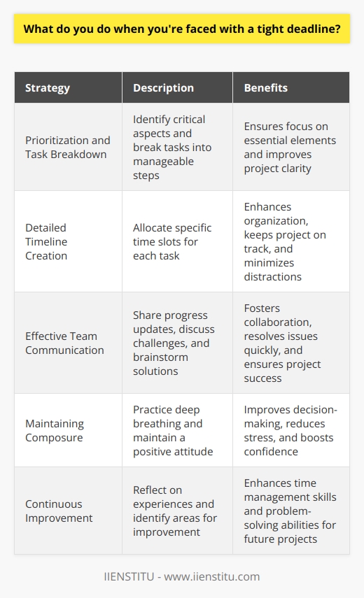 When faced with a tight deadline, I prioritize tasks and break them down into manageable steps. I focus on the most critical aspects first and ensure that I have a clear understanding of the project requirements. Effective Time Management I create a detailed timeline and allocate specific time slots for each task. This helps me stay organized and on track. I also eliminate any distractions and give my full attention to the project at hand. Collaboration and Communication If Im working with a team, I make sure to communicate regularly and effectively. We share progress updates, discuss any challenges, and brainstorm solutions together. Collaboration is key to meeting tight deadlines. Staying Calm Under Pressure Ive learned to stay calm and focused under pressure. Taking deep breaths and maintaining a positive attitude helps me think clearly and make better decisions. I remind myself that I have the skills and experience to handle the situation. Learning from Experience After completing a project under a tight deadline, I take time to reflect on the experience. I identify what worked well and what I could improve for next time. This helps me continuously enhance my time management and problem-solving skills.