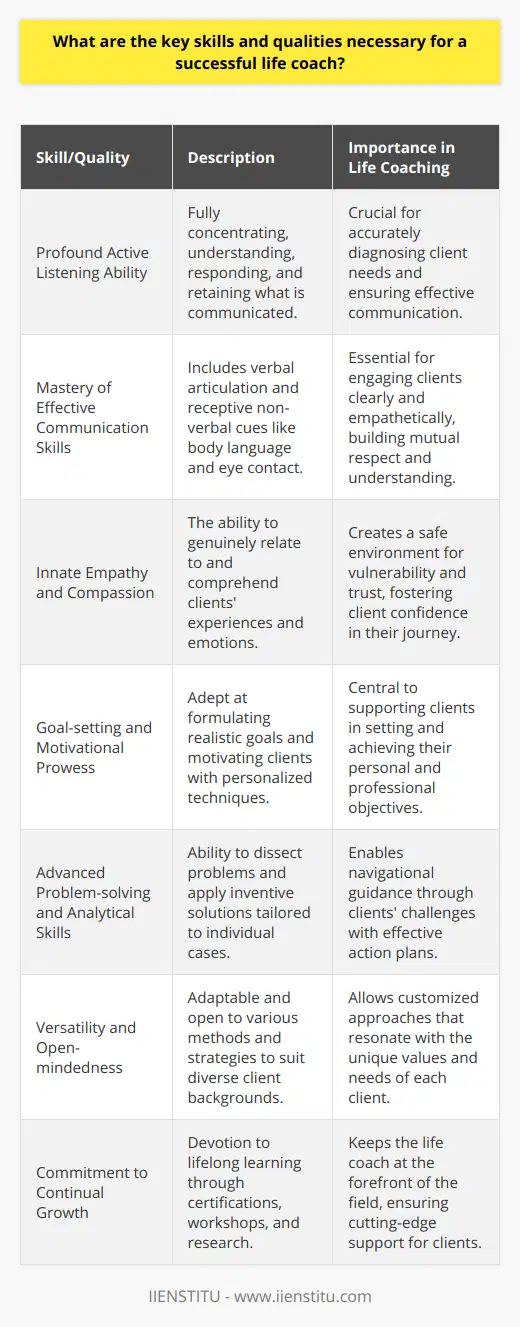 In the dynamic and transformative field of life coaching, the success of a coach hinges upon a specific set of core competencies and personal attributes that enable them to guide clients effectively through personal growth and change. Here are some of these key skills and qualities that are essential for a life coach to thrive in their profession.1. Profound Active Listening Ability:A life coach must excel in active listening, which means fully concentrating, understanding, responding, and then remembering what the client says. This skill is fundamental to diagnosing clients' needs accurately and is rare because it involves more than just hearing words; it's about understanding the message behind them.2. Mastery of Effective Communication Skills:Articulate verbal expression, paired with receptive non-verbal cues such as body language and eye contact, constitute essential communication skills for a life coach. This proficiency allows them to engage clients with clarity and empathy, fostering a relationship of mutual respect and understanding.3. Innate Empathy and Compassion:Being able to genuinely connect with clients' experiences and emotions separates good coaches from great ones. Empathy and compassion establish a coaching environment that is conducive to vulnerability and trust, allowing clients to undertake their journey with confidence.4. Goal-setting and Motivational Prowess:Life coaching revolves around setting and achieving goals. A coach must not only be adept at strategizing realistic and achievable goals for clients but also be skilled in motivating them throughout their journey, employing innovative and personalized techniques.5. Advanced Problem-solving and Analytical Skills:Life coaches act as navigators through the complex maze of clients' challenges. They must possess well-honed analytical skills to dissect problems and an inventive problem-solving approach that is custom-fitted to each unique situation and individual.6. Versatility and Open-mindedness:The life coaching process is not one-size-fits-all. Thus, a successful coach must maintain an adaptable and open-minded stance, readily adjusting their methods and strategies to harmonize with the diverse backgrounds, values, and needs of their clientele.7. Commitment to Continual Growth:Last but certainly not least, the field of life coaching is ever-evolving, and a life coach must be devoted to lifelong learning. This could involve pursuing advanced coaching certifications, attending workshops, or keeping abreast of the latest research and trends in human psychology and development.The integration of these skills and qualities enables life coaches like those at the IIENSTITU to forge deep connections with clients, inspire change, and support the journey towards personal fulfillment and goal attainment. They are the pillars upon which a successful life coaching practice is built, ensuring that every session moves the client one step closer to their envisioned life.