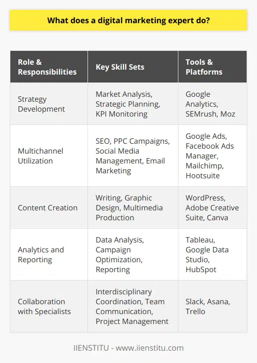A digital marketing expert sits at the nexus of technology, strategy, and creativity, acting as an engine for business growth in the digital realm. They leverage the plethora of online platforms to craft and disseminate a brand's message, intent on capturing the attention and loyalty of the desired audience.**Strategy Development**Foremost, digital marketing experts are strategists. They begin by conducting a thorough market analysis to pinpoint the unique attributes of their target market. They then craft tailor-made strategies that combine the strength of SEO, content marketing, email marketing, and other digital channels to spark interest and engagement. Understanding the client or company's unique selling points, value proposition, and goals is at the heart of this process.By delineating clear KPIs, digital marketing experts monitor the progress of their strategies in real-time, adapting to the data to refine their approach. This adaptive capability is vital to navigate the constantly shifting digital landscape.**Multichannel Utilization**Expertise in multichannel marketing is crucial. A digital marketing expert adeptly juggles SEO, making content easily discoverable on search engines, while also initiating PPC campaigns for faster results. Social media management entails curating a brand's image on the platforms most frequented by their consumers, engaging in meaningful interactions, and building a community.Email marketing, often underrated, remains a powerful tool in a digital marketing expert's kit. By creating personalized and value-packed emails, they maintain a direct line of communication with existing and potential customers, fostering loyalty and repeat business.Content creation, the heart of digital communication, cannot be overstated. Whether it's blog posts, videos, podcasts, or infographics, content is crafted to inform, entertain, and persuade, thereby nurturing a company's relationship with its audience.**Analytics and Reporting**Digital marketing experts are also data aficionados. They continually track and analyze performance data to discern the effectiveness of their campaigns. By doing so, they can retool or reaffirm strategies based on concrete evidence, ensuring each decision is data-driven and results-oriented. This facet of the role is central to demonstrating ROI to stakeholders and justifying the continued investment in digital initiatives.**Collaboration with Specialists**Collaboration is key in the multidisciplinary field of digital marketing. Experts regularly liaise with web designers to ensure a seamless user experience, graphic designers to maintain a coherent and appealing aesthetic, and copywriters to hone the persuasive power of words. A synergistic relationship with public relations professionals can also amplify the impact of campaigns.The role of a digital marketing expert is multifaceted, requiring simultaneous abilities as an analyst, strategist, and communicator. To stay ahead, these professionals must keep abreast of the latest trends and technological advances, ensuring that businesses have a dynamic and robust online presence. With a combination of technical prowess, creative thinking, and strategic insight, digital marketing experts are indispensable agents of change in the burgeoning world of online commerce.