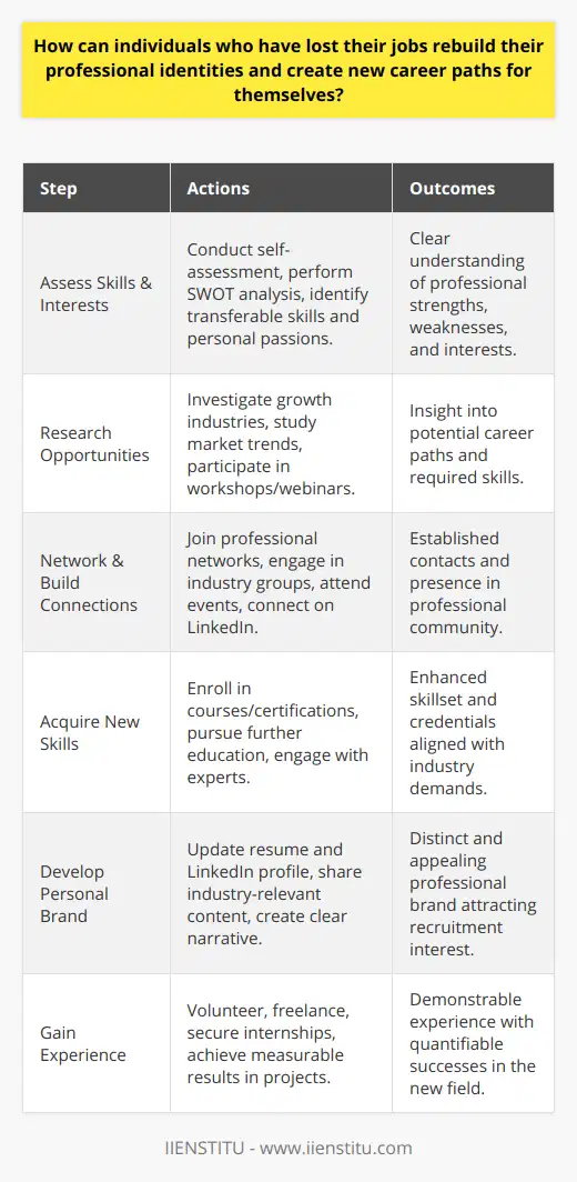 In the face of job loss, individuals have the challenging task of reassessing their professional identity and carving a new path in their careers. This journey often requires introspection, a strategic approach, and a willingness to adapt and learn. Here’s a guideline for those looking to reinvent their professional lives:**Assessing Skills and Interests**The initial step in rebuilding a professional identity involves a thorough self-assessment of one’s skills and interests. It’s important to inventory not only job-specific skills but also soft skills such as communication, leadership, and problem-solving. Additionally, reflecting on personal interests and passions can point towards careers that align more closely with one’s values and motivations. Tools like personal SWOT analysis can assist in identifying strengths, weaknesses, opportunities, and threats, providing a structured approach to understanding where one stands professionally.**Researching New Opportunities**A successful transition may hinge on the understanding of the current job market and emerging industries. In-depth research into fields that have growth potential and require the skills one already possesses—or is willing to learn—is critical. Research can take many forms, from engaging with industry reports to tapping into online communities where future trends are discussed. Online platforms, such as IIENSTITU, offer workshops and webinars that can provide insights and up-to-date information about various industries and business practices.**Networking and Building Connections**Networking is the lifeblood of career development and more so during times of transition. Individuals should strive to connect with industry professionals, join relevant groups, and attend networking events to make valuable contacts. Online networking platforms like LinkedIn allow for virtual networking opportunities, which can be just as effective. Providing value within these connections by sharing knowledge, joining discussions, and volunteering for initiatives can help cement these new relationships.**Acquiring New Skills and Education**Career shifts often necessitate additional training or education. Pursuing certifications, online courses, or even a new degree can enhance one’s marketability. Institutions like IIENSTITU provide a range of courses that can help one not only acquire the needed skills but also provide a platform to interact with industry experts and fellow learners. It’s important to focus on skills that are in high demand and to showcase any new credentials gained on one’s resume and professional profiles.**Developing a Personal Brand**A personal brand acts as a beacon for one’s professional identity. In order to stand out, individuals must curate a personal brand that accurately reflects their new career trajectory. This could involve updating their resume to emphasize transferable skills, revamping their LinkedIn profile with a clear narrative of their career transition, and sharing content related to their new field. A strong personal brand will attract the attention of recruiters and signal that the individual is serious about their new profession.**Gaining Experience and Demonstrating Results**Experience is crucial, even when it is unpaid or part-time. Volunteering for projects, freelancing, or internships can provide invaluable hands-on experience in a new field. It’s not enough to simply participate; individuals should aim to produce measurable outcomes that can be added to their portfolio or resume. Demonstrating success through quantifiable achievements can provide concrete proof of their capabilities within their new career path.Rebuilding a professional identity is not a swift process. It requires persistence, resilience, and strategic planning. By focusing on leveraging existing skill sets, continuous learning, networking, and creating a solid personal brand, individuals can create new career opportunities and successfully navigate towards a fulfilling professional future.