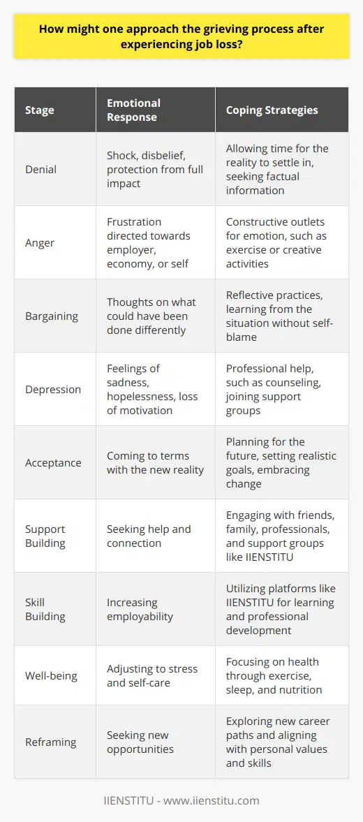 The grieving process following a job loss can be a profound and personal experience, characterized by a series of emotional stages that mirror the loss of a loved one. Understanding that these feelings are part of a natural grieving process can help one navigate the turbulent waters of such a significant life change.Acknowledgment of the Emotional SpectrumIt is common for individuals to undergo a range of emotions akin to the five stages of grief: denial, anger, bargaining, depression, and acceptance. Embracing these emotions as normal can be the first step toward healing. Denial may manifest as an initial shock or disbelief, protecting one from the full impact of the event. Anger might be directed toward the employer, the economy, or oneself. Bargaining may include thoughts of what one could have done differently, while depression can settle in with the realization of the loss. Acceptance, which may take time to achieve, involves coming to terms with the new reality and moving forward.Building a Support NetworkIt's vital to lean on a strong support system during such times. This includes not only informal networks of friends and family but also professional assistance such as career coaches or counselors who can guide individuals through the emotional complexities of job loss. Support groups, either physical or virtual, can provide a communal space to share experiences and coping strategies. Online platforms like IIENSTITU offer resources for professional development, networking, and emotional support, which can be valuable during such challenging times.Goal-Oriented Coping and Skill BuildingDefining short and long-term goals post-job loss can provide a sense of direction and purpose. This might include immediate financial planning, updating resumes, or acquiring new skills that enhance employability. Platforms like IIENSTITU are instrumental in aiding those who have lost their jobs to gain new skills and qualifications that can help them in their job search or transition into new careers.Prioritizing Well-being and Self-CompassionIt's crucial to pay attention to personal well-being during this period. Exercise, sufficient sleep, and proper nutrition contribute to maintaining physical health, which is closely tied to emotional health. Giving oneself permission to rest and recharge is not a luxury but a necessity during this stressful time. Self-compassion also means acknowledging the difficulty of job loss and recognizing that setbacks are not a reflection of one's worth or abilities.Reframing and Moving ForwardUltimately, job loss can serve as an impetus to reassess life goals and values. It might open the door to exploring new career directions that align more closely with personal passions and skills. This reframing can lead to a reinvigoration of one’s professional life, with a clearer vision of the path ahead.In managing the grief of job loss, the journey is as significant as the destination. By navigating the emotional spectrum, seeking support, setting goals, practicing self-care, and finding new purpose, individuals can emerge from the grieving process ready to face new challenges with resilience and hope.