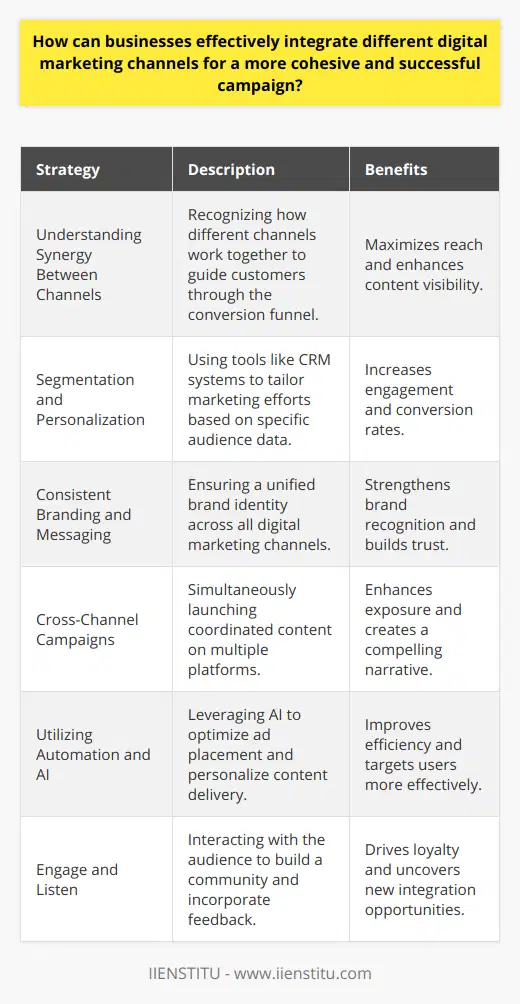 The effective integration of different digital marketing channels requires a meticulous approach that can amplify a brand's reach and drive conversions. Here are key strategies for a cohesive and impactful digital marketing campaign:Understanding the Synergy between ChannelsTo create a unified marketing strategy, businesses need to understand the inherent synergy between various digital channels. For example, social media efforts can drive traffic to content marketing materials such as blogs or videos, while SEO practices can enhance the visibility of that same content. By recognizing how channels complement each other, businesses can create a web of interconnected touchpoints that guide the customer through the conversion funnel.Segmentation and PersonalizationBusinesses should segment their audience based on demographics, behavior, and preferences to tailor their digital marketing efforts. Targeted campaigns on platforms such as Facebook and Instagram, or through personalized email marketing, can increase engagement and conversion rates. By leveraging tools like customer relationship management (CRM) systems, companies can collect and analyze data to fine-tune their approach and personalize their messaging across channels.Consistent Branding and MessagingA successful integration of digital marketing channels requires consistent branding and messaging. This consistency reinforces brand recognition and trust. From visual elements like logos and color schemes to the tone and style of the content, a cohesive brand identity should permeate all online marketing channels. By using consistent branding, businesses make it easier for their audience to identify and connect with them no matter where they encounter the brand online.Cross-Channel CampaignsIntegrating campaigns across different channels maximizes exposure and impact. A launch that includes coordinated content across email, social media, and a brand's website can create a compelling narrative that resonates with the audience. The key is to adapt the core campaign content to suit the format and strengths of each channel while maintaining a unified theme and purpose.Utilizing Automation and AIAutomation and artificial intelligence (AI) can greatly enhance campaign integration. Tools like programmatic advertising can place ads across various digital channels, optimizing in real time for the best performance. AI algorithms can analyze customer data to predict behavior and automate personalized content delivery, ensuring that the right message reaches the right user at the right time.Engage and ListenTwo-way communication is central to the digital experience. Customer feedback through channels such as social media can provide invaluable insights that inform marketing strategies. Businesses should not only disseminate messages but also listen and respond to their audience, fostering a sense of community and loyalty. This engagement can highlight opportunities for cross-channel promotions and new ways to integrate efforts.By employing these strategies, businesses can create powerful, integrated digital marketing campaigns. IIENSTITU offers programs to help marketers acquire the skills necessary to excel in the rapidly evolving digital landscape, ensuring that they are equipped to design and implement sophisticated, multi-channel strategies that stand out in a crowded online marketplace. With the right combination of channel synergy, segmentation, consistent branding, cross-channel campaigns, automation, and engagement, brands can realize a significant competitive advantage and achieve their marketing objectives.