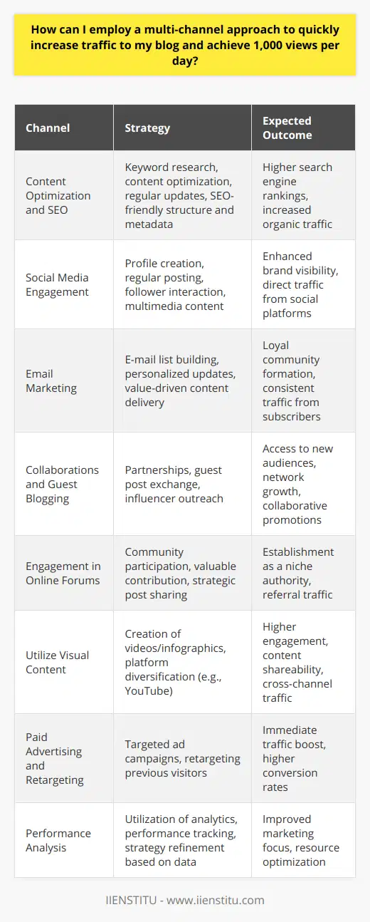 Achieving significant traffic to a blog requires a well-rounded marketing approach that makes use of multiple channels simultaneously. Here's how to utilize this strategy to increase your blog's traffic to 1,000 views per day:**Content Optimization and SEO**High-quality, valuable, and SEO-friendly content is the cornerstone of any successful blog. Utilize tools and techniques to find keywords that are relevant to your content and audience. Optimize your blog posts with these keywords, and ensure your website's structure and metadata are SEO-friendly to rank higher in search results. Frequently update your blog with fresh content to keep your audience engaged and to signal search engines that your site is active.**Social Media Engagement**Develop a robust social media strategy by creating profiles on platforms where your target audience is most active. Share your blog posts regularly but don’t limit your activity to promotions only; engage with your followers by commenting on their posts, answering questions, and being part of conversations. Use attractive images, short videos, and compelling captions to increase engagement.**Email Marketing**Collect emails from your visitors by offering them valuable resources or subscriptions in return. Use a personalized approach to keep your subscribers updated on the latest posts or series that might interest them. Regular, but not overly frequent, communication can create a loyal community around your blog and drive consistent traffic.**Collaborations and Guest Blogging**Partner with other bloggers or influencers within your niche for guest posts, both on your blog and theirs. This helps you tap into their audience, and vice versa, providing fresh content and a new set of readers for both parties. Acknowledge contributors properly and share these collaborations socially to maximize their impact.**Engagement in Online Forums**Find communities and forums related to your blog's niche, such as Reddit, LinkedIn groups, or specialized platforms. Contribute useful information, answer questions, and become a trusted member. Share your relevant blog posts when they can genuinely add value to a discussion, but avoid spamming.**Utilize Visual Content**Videos and infographics can drive significant traffic as they are highly shareable and engaging. Platforms like YouTube can serve as an extension of your blog, driving viewers to your site. Visual content can make complex information more digestible and can reach audiences across different channels.**Paid Advertising and Retargeting**While organic growth is critical, paid advertising can provide an immediate boost in traffic. Platforms like Google AdWords or social media advertising can be highly targeted to reach your specific audience. Retargeting campaigns remind previous visitors about your blog, increasing the probability of them returning.**Performance Analysis**Use analytics to track your blog’s performance. Analyze which posts are popular, where your traffic is coming from, and what marketing efforts are most effective. This data will help you refine your strategy and invest more time and resources in channels that are delivering the best results.By implementing these strategies with dedication and consistency, you can create a strong foundation to increase your blog traffic. Remember that building a readership takes time, but by working across various channels and continuously optimizing your efforts, reaching 1,000 daily views becomes an achievable target.