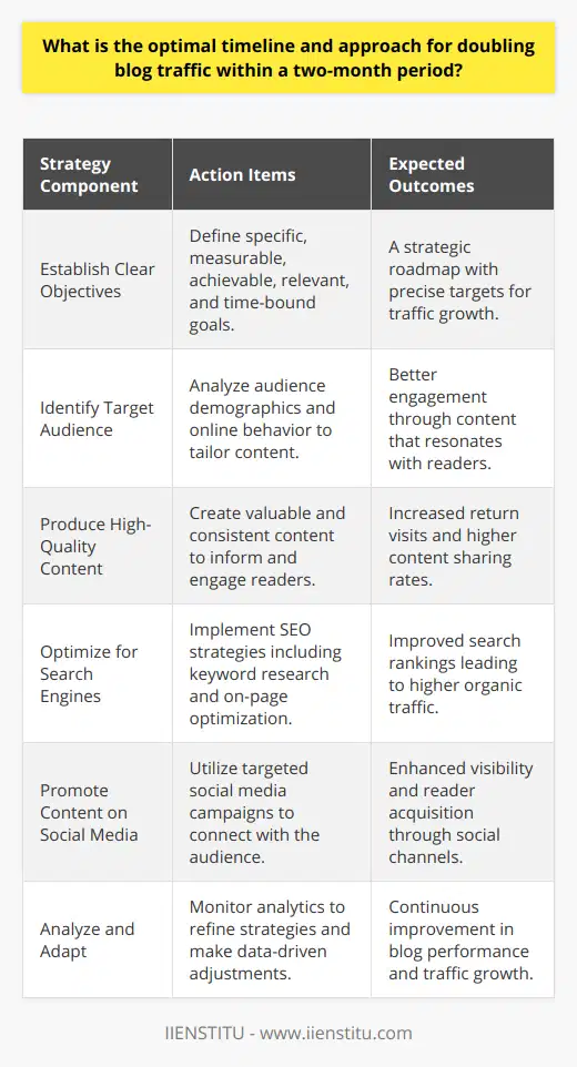 Establishing Clear ObjectivesInitiating a plan to double blog traffic in a concise two-month window necessitates a framework rooted in clear objectives. Before embarking on this mission, a blog owner must outline specific, measurable, achievable, relevant, and time-bound objectives. These objectives act as a navigational compass, focusing efforts and resources on precise targets. Thus, the aim is not just to increase traffic but to double it in a quantifiable way, ensuring progress can be tracked and measured against the two-month benchmark.Identifying Target AudienceThe crux of any successful blog growth strategy lies in a deep understanding of the target audience. Profiling readers based on factors such as age, interests, geographical location, and online behavior patterns grants insight into what drives them to engage with content. Thorough audience analytics can unveil opportunities for targeted content creation that aligns with the readers' expectations and interests, setting the stage for organic growth in blog traffic.Producing High-Quality ContentQuality content stands as the cornerstone of any blog's success and is critical when looking to double traffic in a short period. High-quality content should inform, entertain, or solve problems for readers — it must command attention and provoke thought. With the benchmark set, a commitment to delivering well-researched and expertly crafted articles, rich in value, is essential. Moreover, consistency is key; ensuring a regular posting schedule helps build audience anticipation and keeps readers returning for more.Optimizing for Search EnginesThe pivotal role of search engines in driving traffic to a blog cannot be overstated. To capitalize on this, the two-month plan should include a robust SEO strategy. This encompasses conducting thorough keyword research to identify what potential readers are searching for and weaving these keywords into compelling content that meets their needs. Moreover, on-page optimization and obtaining authoritative backlinks should become a priority, to signal the relevance and credibility of the blog to search engines, thus pushing higher rankings and increasing visibility.Promoting Content on Social MediaIn the era of digital interconnectedness, social media remains a potent force for garnering blog traffic. Tailored content promotion on platforms where the target audience is most active can expedite the journey towards doubling traffic. With strategic use of platform-specific features — like stories, live videos, and community groups — a blog can engage with potential readers in a meaningful way. Ensuring the content shared is platform-appropriate and delivers immediate value can transform a casual browser into a loyal follower and reader.Analyzing and AdaptingThe fluidity of the digital landscape insists on vigilance and adaptability. Throughout the two-month timeframe, analytic tools should be used to track blog traffic and user interaction. Data-driven insights will highlight what's working and what's not, allowing for real-time adjustments. By keeping a close watch on performance metrics and being willing to pivot strategy when necessary, continuous improvement becomes possible, directing efforts towards the most fruitful outcomes.In pursuing the objective of doubling blog traffic within a two-month period, it's a combination of strategic planning, audience understanding, quality-driven content, SEO optimization, adept social media promotion, and data-guided refinements that will yield the sought-after results. With a meticulous application of these principles, bloggers can effectively amplify their reach and cultivate a community of readers that powers sustainable growth.