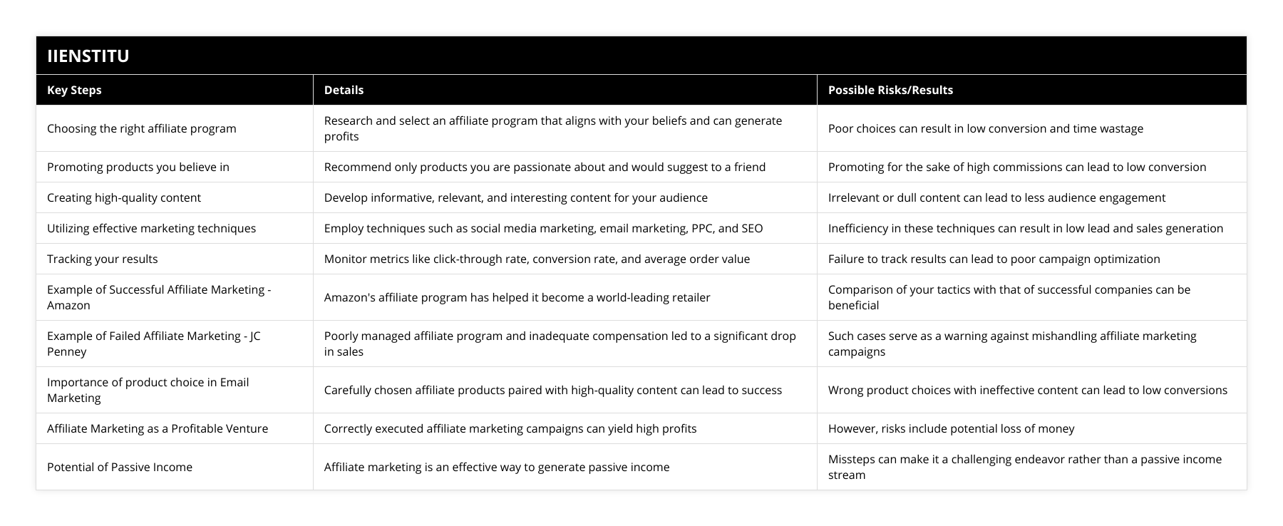Choosing the right affiliate program, Research and select an affiliate program that aligns with your beliefs and can generate profits, Poor choices can result in low conversion and time wastage, Promoting products you believe in, Recommend only products you are passionate about and would suggest to a friend, Promoting for the sake of high commissions can lead to low conversion, Creating high-quality content, Develop informative, relevant, and interesting content for your audience, Irrelevant or dull content can lead to less audience engagement, Utilizing effective marketing techniques, Employ techniques such as social media marketing, email marketing, PPC, and SEO, Inefficiency in these techniques can result in low lead and sales generation, Tracking your results, Monitor metrics like click-through rate, conversion rate, and average order value, Failure to track results can lead to poor campaign optimization, Example of Successful Affiliate Marketing - Amazon, Amazon's affiliate program has helped it become a world-leading retailer, Comparison of your tactics with that of successful companies can be beneficial, Example of Failed Affiliate Marketing - JC Penney, Poorly managed affiliate program and inadequate compensation led to a significant drop in sales, Such cases serve as a warning against mishandling affiliate marketing campaigns, Importance of product choice in Email Marketing, Carefully chosen affiliate products paired with high-quality content can lead to success, Wrong product choices with ineffective content can lead to low conversions, Affiliate Marketing as a Profitable Venture, Correctly executed affiliate marketing campaigns can yield high profits, However, risks include potential loss of money, Potential of Passive Income, Affiliate marketing is an effective way to generate passive income, Missteps can make it a challenging endeavor rather than a passive income stream