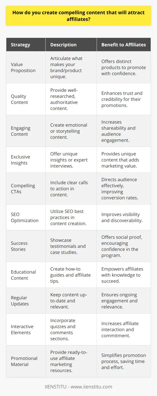 Creating compelling content that attracts affiliates involves a combination of creativity, strategy, and an understanding of what motivates both your target audience and potential affiliates. Affiliates are more likely to collaborate with brands that not only offer an attractive commission structure but also provide content that adds value to their own efforts in affiliate marketing. Here are some insights on crafting content that can entice affiliates:1. Identify Your Value Proposition: Clearly articulate what makes your brand or product unique. Content that communicates a strong value proposition will resonate with affiliates since they look for products that stand out in the market and offer something their audience can benefit from.2. Produce High-Quality, Informative Content: Well-researched and informative content establishes you as an authority in your niche. Affiliates seek trustworthy brands that know their stuff. Include insights, statistics, case studies, and industry trends to make the content more credible and resourceful.3. Craft Engaging and Shareable Content: Whether it’s blog posts, infographics, or videos, create content that affiliates find engaging and would want to share with their audience. Content that evokes emotions or tells a story is much more likely to be shared than straightforward advertisements.4. Offer Exclusive Insights: Give your potential affiliates something they can’t get elsewhere by providing unique insights or access to expert interviews. This kind of exclusive content can give them an edge in their marketing efforts and is a significant draw.5. Use Compelling Calls to Action (CTAs): Ensure each piece of content guides readers on what to do next. A clear, compelling CTA can motivate affiliates to take the next step – whether it’s signing up for a webinar, downloading a whitepaper, or joining your affiliate program.6. Optimize for SEO: Content that ranks well in search engine results will be more visible to potential affiliates searching for opportunities. Use relevant keywords and optimize your content for SEO to increase its reach.7. Leverage Success Stories: Showcase the success of existing affiliates with testimonials and case studies. This social proof can be inspiring and reassuring, signaling to potential affiliates that your program is lucrative and well-supported.8. Educate Potential Affiliates: Educate your audience about the benefits of your affiliate program. Create content like how-to guides, resources, and tips on affiliate marketing to empower your affiliates to succeed.9. Update Content Regularly: Up-to-date content is vital in maintaining relevance and keeping affiliates engaged. Regularly reviewing and refreshing your content ensures that it remains accurate and pertinent.10. Encourage Interaction: Initiate conversations through your content by asking questions, encouraging comments, or including interactive elements like quizzes. Engaged affiliates are more inclined to promote content they feel a part of.11. Provide Ready-to-Use Promotional Material: To make it easier for affiliates, provide them with promotional content that they can easily use or adapt for their audience – this could include banners, email templates, or social media posts.By combining these elements and maintaining a consistent tone and branding throughout your content, you can build a compelling library of content that not only adds value to your audience but also becomes a promising prospect for potential affiliates. Remember, IIENSTITU and similar educational platforms often provide courses and workshops to further hone your content creation and marketing skills, which can be particularly beneficial in developing strategies to attract affiliates.