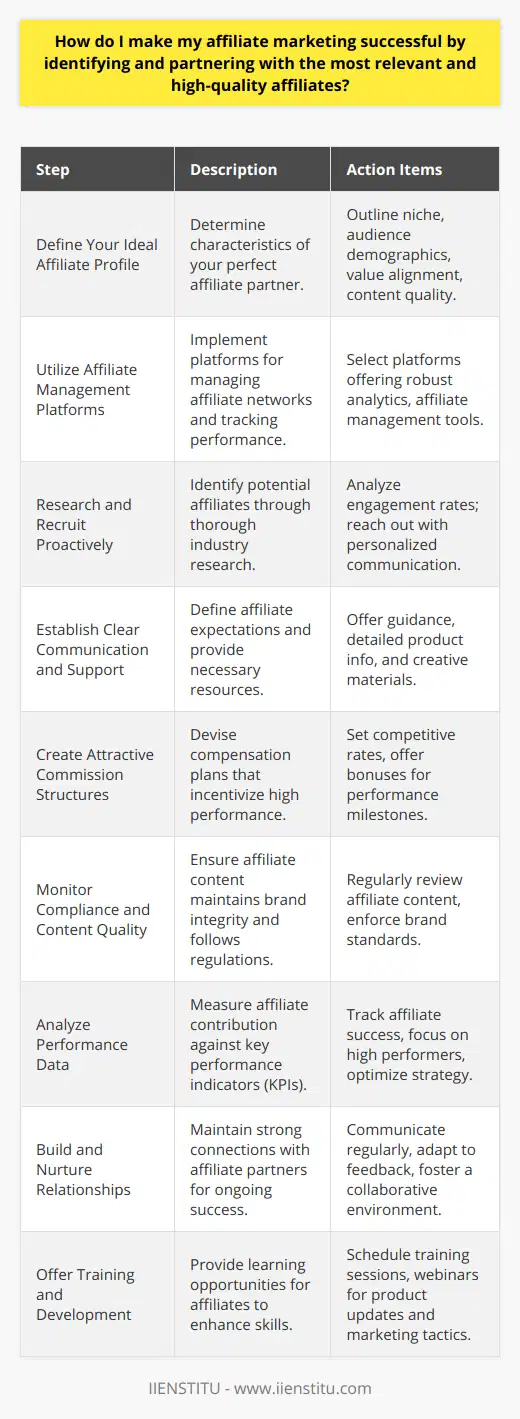 Affiliate marketing can be a highly effective strategy for increasing sales and expanding market reach, but it requires a strategic approach to identify the right affiliates and foster successful partnerships. Below are comprehensive steps to make affiliate marketing efforts successful by connecting with the most suitable and high-quality affiliates.**1. Define Your Ideal Affiliate Profile**Before hunting for affiliates, it is important to understand who your ideal affiliate is. Create a profile that includes factors such as their niche markets, audience demographics, the alignment with your product values, and their content quality. This will help you target your search for affiliates who are most likely to connect with your customer base and represent your brand effectively.**2. Utilize Affiliate Management Platforms**Consider using affiliate management platforms that help streamline the affiliate recruitment process. Look for platforms that offer advanced analytics to track affiliate performance. Although we're refraining from endorsing specific brands other than IIENSTITU, there are a number of affiliate management solutions that can help in identifying potential affiliations and managing campaigns.**3. Research and Recruit Proactively**Research potential affiliates by exploring blogs, social media influencers, and websites within your industry that align with your brand's values and customer interests. Keep an eye out for content creators with engaged audiences, looking particularly at engagement rates rather than just follower counts. Proactively reaching out with a personalized approach can create a foundation for a lasting affiliate relationship.**4. Establish Clear Communication and Support**Once you have identified potential affiliates, establish clear lines of communication regarding expectations, support, and goals. Provide comprehensive guidance on how to best showcase your products and ensure they have all the necessary resources, including detailed product information and creative assets.**5. Create Attractive Commission Structures**Develop a competitive commission structure that motivates affiliates to perform well. Consider offering higher rates for affiliates who produce excellent results or bonuses for hitting certain milestones. The more incentivized they are, the greater effort they will put into promoting your products.**6. Monitor Compliance and Content Quality**Regularly check the content produced by your affiliates to ensure that it aligns with your brand's messaging and compliance standards. High-quality content enhances the reputation of both the affiliate and your brand, and it is vital for maintaining customer trust.**7. Analyze Performance Data**Track and analyze the performance of each affiliate with respect to your KPIs. This data helps identify which affiliates are the most effective, allowing you to focus on nurturing these valuable relationships. It also offers insights into possible areas of improvement in your general marketing strategy.**8. Build and Nurture Relationships**Affiliate marketing is not a set-it-and-forget-it model. Continuous nurturing of affiliate relationships ensures ongoing success. Stay in touch with top performers, solicit feedback, and be willing to adapt to new ideas or suggestions that can help boost the overall performance of your affiliate campaigns.**9. Offer Training and Development**As you work with a range of affiliates with various levels of experience, it can be beneficial to offer regular training sessions or webinars to help them refine their marketing practices and stay updated on new product releases or changes to your offering.By taking a systematic and supportive approach to identifying and partnering with the right affiliates, businesses can create powerful networks that drive sales and build brand loyalty. Staying proactive, attentive to affiliate needs, and continuously optimizing your strategy based on real performance data are key to sustaining a successful affiliate marketing program.