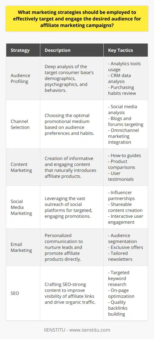 Affiliate marketing campaigns hinge on the ability to connect with a well-defined audience using precise, tailored marketing strategies. By identifying and understanding the target audience, marketers can create campaigns that resonate with potential customers on a personal level, leading to higher engagement and conversion rates.Identifying the Target AudienceSuccess in affiliate marketing begins with a deep understanding of the intended consumer base. Detailed audience profiling is key, encompassing the analysis of demographics, psychographics, browser behaviors, and purchasing habits. Marketers often harness sophisticated analytics tools and insights from customer relationship management systems to refine their understanding of their audience.Utilizing Appropriate ChannelsChoosing the right marketing channels significantly increases campaign effectiveness. Each channel – from social media to blogs, forums, and online communities – has its unique audience and methods of engagement. Carefully selecting channels that align with the audience’s preferences and habits ensures the marketing message is heard. The integration of omnichannel marketing strategies can also provide seamless customer experiences, boosting brand loyalty and affiliate product endorsement.Content MarketingIn the realm of affiliate marketing, quality content is the cornerstone of engagement. Content must not only inform or entertain but also subtly weave in affiliate products in a way that feels natural rather than intrusive. How-to guides, product comparisons, and user testimonials are among the content types that can lead to effective product placement. Customized content that addresses specific audience needs is more likely to drive action and, importantly, affiliate conversions.Social Media MarketingSocial media’s infiltrative reach makes it an indispensable tool for today’s marketers. A clear understanding of each platform’s demographics enables targeted and compelling affiliate promotions. By partnering with influencers who embody the target audience’s aspirations or creating shareable content, affiliates can maximize their message's reach. Interactive engagement, like polls or contests, can also increase the affiliation with the affiliate offerings.Email MarketingThe personalized potential of email marketing makes it a powerful channel for nurturing leads and driving conversions. Successful email strategies incorporate segmentation and personalization, allowing for focused and relevant affiliate promotions to different audience subsets. Regular newsletters, exclusive offers, and tailored content help maintain high engagement levels and keep the affiliate products at the forefront of consumers’ minds.Search Engine Optimization (SEO)A strong SEO framework is vital to ensure that quality content containing affiliate links is visible and accessible. Organic search traffic, driven by targeted keywords associated with affiliate offerings, can lead to sustainable campaign success. On-page optimization, quality backlinks, and a strong user experience are factors that contribute to high SERP rankings and thus higher natural exposure to potential customers.Ultimately, a synergy of these strategies – tailored to a well-researched audience and delivered through the most impactful channels – will enhance the reach and effectiveness of affiliate marketing campaigns. By focusing on creating an authentic and engaging narrative around affiliate products, and consistently measuring and adjusting strategies based on performance data, marketers can achieve their goals and drive successful outcomes for their affiliate initiatives.