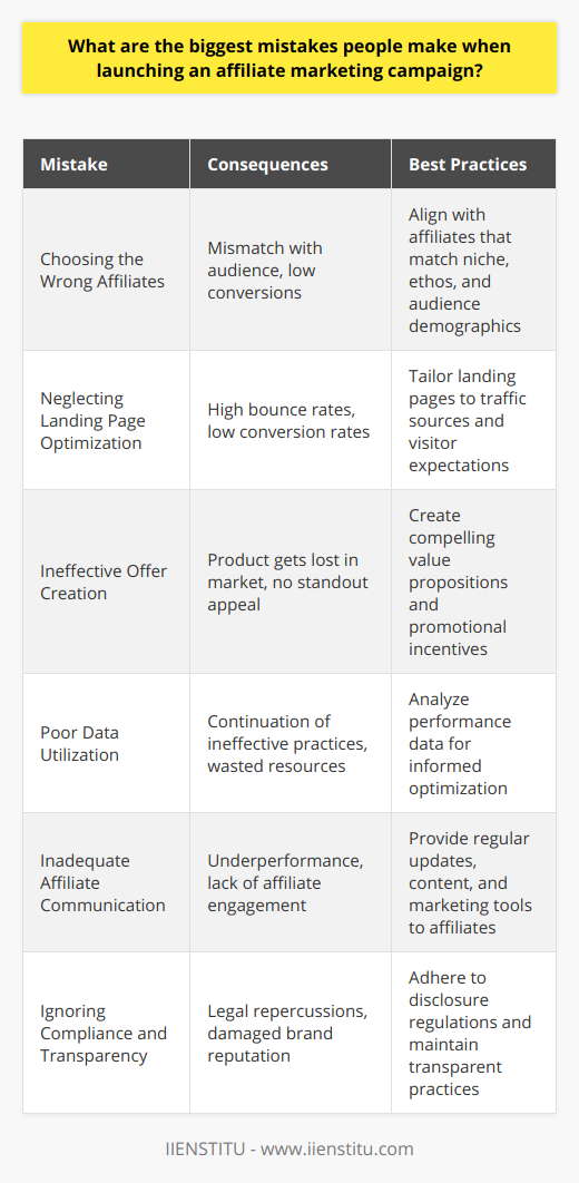 One of the critical missteps in launching an affiliate marketing campaign is overlooking the significance of choosing the right affiliates. Marketers should not only align with affiliates related to their niche but also with those who share a similar ethos and audience demographic to ensure message consistency and enhance potential conversion rates.Another prevalent mistake is neglecting to optimize affiliate landing pages. These pages should be specifically tailored to the source of traffic, anticipating the visitor's expectations, and providing a seamless and relevant experience that leads to conversions. Failing to do so can result in high bounce rates and low conversion rates.Moreover, many marketers underestimate the importance of crafting a compelling offer. The affiliate product or service must clearly stand out in the competitive marketplace, with a value proposition that resonates with the intended audience. A common misjudgment is assuming that the product will sell itself without a persuasive pitch or promotional incentives.Not leveraging data effectively is also a major faux pas. Analyzing performance data enables marketers to understand which aspects of their campaign work and which don't, allowing for data-driven decisions to optimize strategies. Without this insight, there is a risk of continuing ineffective practices that squander both time and resources.Furthermore, failure to communicate effectively with affiliates is a notable mistake. Providing affiliates with regular updates, informative content, and marketing tools is necessary to help them promote the product or service more effectively. Poor communication can lead to underperformance and a lack of engagement from the affiliate side.Lastly, neglecting compliance and transparency can lead to severe repercussions, including legal issues and brand reputation damage. It is crucial to adhere to guidelines set by regulatory bodies, such as the Federal Trade Commission in the United States, regarding the disclosure of affiliate relationships.In conclusion, avoiding these critical errors can dramatically improve the chances of success in an affiliate marketing campaign. Meticulous research, the careful selection of affiliates, crafting compelling offers, data optimization, effective communication, and compliance adherence are cornerstones of a robust affiliate marketing strategy, which when skillfully executed, can yield substantial rewards. Institutions like IIENSTITU, among others, offer advanced marketing courses that can provide further insight and training for those keen on learning more about mastering affiliate marketing campaigns.