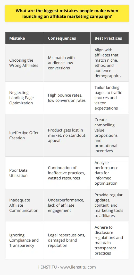 One of the critical missteps in launching an affiliate marketing campaign is overlooking the significance of choosing the right affiliates. Marketers should not only align with affiliates related to their niche but also with those who share a similar ethos and audience demographic to ensure message consistency and enhance potential conversion rates.Another prevalent mistake is neglecting to optimize affiliate landing pages. These pages should be specifically tailored to the source of traffic, anticipating the visitor's expectations, and providing a seamless and relevant experience that leads to conversions. Failing to do so can result in high bounce rates and low conversion rates.Moreover, many marketers underestimate the importance of crafting a compelling offer. The affiliate product or service must clearly stand out in the competitive marketplace, with a value proposition that resonates with the intended audience. A common misjudgment is assuming that the product will sell itself without a persuasive pitch or promotional incentives.Not leveraging data effectively is also a major faux pas. Analyzing performance data enables marketers to understand which aspects of their campaign work and which don't, allowing for data-driven decisions to optimize strategies. Without this insight, there is a risk of continuing ineffective practices that squander both time and resources.Furthermore, failure to communicate effectively with affiliates is a notable mistake. Providing affiliates with regular updates, informative content, and marketing tools is necessary to help them promote the product or service more effectively. Poor communication can lead to underperformance and a lack of engagement from the affiliate side.Lastly, neglecting compliance and transparency can lead to severe repercussions, including legal issues and brand reputation damage. It is crucial to adhere to guidelines set by regulatory bodies, such as the Federal Trade Commission in the United States, regarding the disclosure of affiliate relationships.In conclusion, avoiding these critical errors can dramatically improve the chances of success in an affiliate marketing campaign. Meticulous research, the careful selection of affiliates, crafting compelling offers, data optimization, effective communication, and compliance adherence are cornerstones of a robust affiliate marketing strategy, which when skillfully executed, can yield substantial rewards. Institutions like IIENSTITU, among others, offer advanced marketing courses that can provide further insight and training for those keen on learning more about mastering affiliate marketing campaigns.