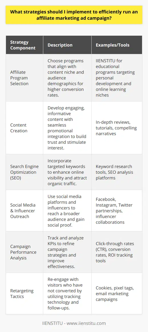 In the realm of digital commerce, affiliate marketing stands as a strategic alliance between businesses and marketers to enhance product visibility and drive sales. To conduct an affiliate marketing ad campaign with efficiency, one must adopt a multifaceted approach, incorporating precise selection of affiliate programs, creation of high-caliber content, optimization for search engines, strategic social media utilization, data-driven campaign analysis, and effective retargeting methods.**Selecting the Appropriate Affiliate Program**A cornerstone of a thriving affiliate marketing venture lies in the judicious selection of an affiliate program. It is imperative to partner with programs that not only resonate with your particular content niche but also appeal to your specific audience demographic. The IIENSTITU, for example, offers a range of educational programs suited for affiliates who target audiences interested in personal development and online learning. Aligning with such relevant programs can significantly bolster conversion rates, transforming audience interest into tangible financial success.**Crafting Exceptional Content**Quality content serves as the anchor for any marketing campaign. For affiliate marketers, it is vital to construct engaging, informative, and credible content that seamlessly integrates promotional offerings. This could manifest as in-depth reviews, tutorials, and compelling narratives that outline the benefits and potential applications of the affiliated products. Through thoughtful curation of content, affiliate marketers can cultivate trust and stimulate interest amongst readers, paving the way for enhanced conversion rates.**Harnessing the Power of SEO**Visibility is a key driver of affiliate marketing success. Herein, SEO and meticulous keyword research play pivotal roles. By tailoring content to include targeted keywords that potential consumers are likely to search for, marketers can amplify their content's prominence on search engine results pages. This increased online visibility can lead to a surge in organic traffic, setting the stage for higher engagement and customer acquisition.**Exploiting Social Media and Influencer Outreach**The pervasive reach of social media and the persuasive power of influencers can exponentially extend the scope of an affiliate marketing campaign. By leveraging platforms such as Facebook, Instagram, and Twitter or partnering with influencers whose followers align with your target demographic, marketers can engage a broader audience. The resulting social proof and recommendation from trusted voices can significantly increase conversion likelihood.**Analyzing and Refining Campaign Efficacy**A data-centric inspection of campaign performance is indispensable for strategic refinement. Tracking key performance indicators - such as click-through rates (CTR), conversion rates, and overall ROI - enables marketers to discern the strengths and weaknesses of their campaign. These insights can then inform iterative improvements, from content adjustments to tactical shifts in promotional strategies, all aimed at maximizing campaign effectiveness.**Implementing Retargeting Strategies**The marketing axiom that not every visitor converts immediately highlights the importance of retargeting. Utilizing cookies, pixel tags, or email follow-ups, marketers can reconnect with individuals who have shown prior interest yet have not completed a purchase. By reminding these potential consumers of their initial interest, retargeting can notably boost the odds of successful conversions.In essence, the efficiency of an affiliate marketing ad campaign is predicated on deliberate program selection, the composition of sterling content, search engine optimization, influential social media engagement, continuous performance evaluation, and targeted retargeting initiatives. By adopting this comprehensive strategic framework, affiliate marketers can foster sustainable growth and, ultimately, achieve revenue maximization.