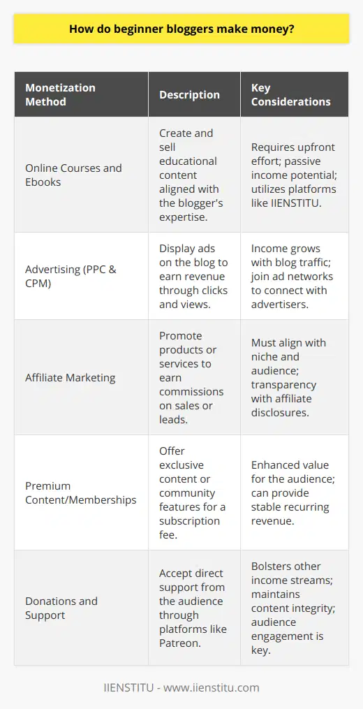 For beginner bloggers looking to convert their passion into profit, understanding the monetization landscape is key. Diving into the blogging world can be both exhilarating and daunting, but with a clear strategy, beginners can tap into various revenue streams that cater to their content and audience. Here we explore some potential pathways that not only have proven successful for many bloggers but also offer unique opportunities to generate income.**Virtually Teach Your Expertise:**One of the first methods beginner bloggers can explore is leveraging their expertise by creating online courses or writing detailed ebooks. This educational content can revolve around the niche of the blog – whether it's cooking, woodworking, digital marketing, or any other subject where the blogger has substantial knowledge. Platforms like IIENSTITU can be instrumental in this regard, providing a space where courses can be hosted and distributed to a broader audience. Crafting a course requires upfront effort but can result in a significant and often passive income stream once established.**Display Ads for Passive Revenue:**Monetizing a blog with advertising is another common route. As blog traffic grows, displaying ads becomes a viable way to earn income. Bloggers can join ad networks that serve as intermediaries between publishers (bloggers) and advertisers. The revenue is typically generated on a pay-per-click (PPC) or cost-per-thousand-impressions (CPM) basis. Although the income from ads might start small, as blog visibility increases, so does ad revenue.**Forge Brand Partnerships:**Affiliate marketing can be particularly profitable for those bloggers who have carved out a niche for themselves. By becoming an affiliate, a blogger promotes a brand’s products or services and receives a commission for each sale or lead generated through their referrals. The key to success in affiliate marketing lies in promoting offerings that align well with the blog content and are of genuine interest to the blog's audience. Transparency is crucial; readers should always be informed of affiliate links through proper disclosures.**Content Upgrades and Premium Memberships:**Beginners with a growing audience might consider premium content or memberships. This could entail offering more in-depth articles, videos, tutorials, or resources for a fee. Additionally, some bloggers create a membership section on their sites where loyal readers pay a regular subscription fee for exclusive content or community features.**Accepting Donations and Support:**Lastly, a simple tip jar or a call for donations can be surprisingly effective, especially if the audience is highly engaged and values the content. Platforms like Patreon allow creators to receive support directly from their audience in exchange for perks, acknowledgments, or exclusive access to content. This method can supplement other income streams and helps maintain the integrity of the blog's content, ensuring it's free from undue influence.As a beginner blogger, it's essential to remember that monetization is not instantaneous. It requires consistent content creation, audience growth, community engagement, and patience. Exploring multiple revenue streams allows bloggers to diversify their income and reduce reliance on any single source. Each monetization strategy has its rhythms and requirements, so it's important to continuously test, learn, and adapt strategies to find what works best for the unique scope and scale of each blog.