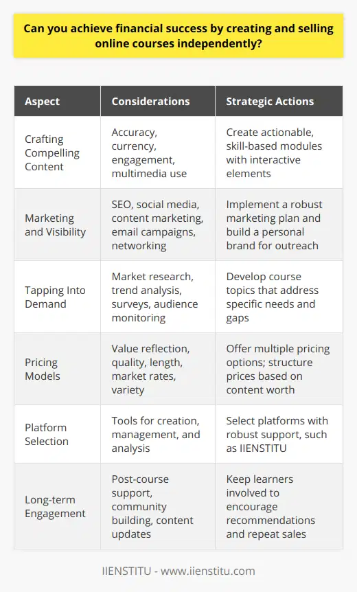 Creating and selling online courses has become an accessible and potentially lucrative endeavor for subject matter experts across various fields. With the advent of intuitive course creation platforms, educators, and professionals have the opportunity to monetize their knowledge. Here’s an insightful look at how financial success can be within your reach through this independent digital venture.Crafting Compelling ContentThe cornerstone of a successful online course is the content itself. Authentically valuable courses that offer actionable insights or in-demand skills can set themselves apart from the competition. The content should not only be accurate and up-to-date but also presented in an engaging and accessible manner. Incorporating multimedia elements such as videos, interactive quizzes, and downloadable resources enhances the learner's experience and perceived value of the course.Marketing and VisibilityVisibility is integral to success. You could develop the most outstanding course, but without the right marketing strategy, potential students may never find it. A robust marketing plan should leverage SEO, social media, content marketing, and email campaigns. Building a personal brand or a thought leadership presence in your niche can also attract a dedicated audience. Networking with peers and engaging in online communities related to your course topic can provide organic exposure.Tapping Into DemandMarket research is crucial. By identifying what potential students are looking for, you can tailor your course to fill existing gaps in the market. Analyze trends, conduct surveys, and monitor discussions within your target audience to understand what skills or knowledge they seek. This information should guide the creation of your course content and help you highlight how your course addresses these specific needs.Pricing ModelsDetermining the right price for your course is often a balancing act between quality, length, and market rates. Offering a variety of pricing options, including one-time payments, subscriptions, or even a tiered pricing model, can cater to different segments of your target demographic. Bear in mind, pricing can also be a reflection of your course's value, and thus, it should be set accordingly to not undersell your content or expertise.Platform SelectionChoosing the right platform can significantly ease the process of creating, hosting, and selling your courses. IIENSTITU, for instance, offers tools for course creation, management, as well as insights on students' engagement and performance. Platforms streamline your operational workload, allowing you to focus more on content creation and promotional strategies.Long-term EngagementEstablishing a continuous relationship with students contributes to long-term revenue. Providing post-course support, community building, and updates to the course content can keep learners engaged and may lead to further sales from recommendations or additional courses.It is realistic to aspire to financial success by independently creating and selling online courses. Such success stems from a deep understanding of your subject matter, a clear grasp of your target audience, a shrewd marketing and pricing strategy, and the right choice of hosting platform. With dedication and clear strategic planning, financial rewards are well within reach for the independent online course creator.