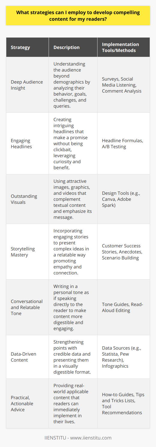 Developing compelling content for your readers often requires a strategic approach that resonates with their interests and provides real value. Here are key strategies you can employ:1. **Deep Audience Insight**: To create content that truly connects with your audience, you'll need to deeply understand who they are. Beyond basic demographics, tap into their behaviors, challenges, goals, and the type of questions they are asking online. Tools such as surveys, social media listening, and comment analysis can provide these insights.2. **Engaging Headlines**: Your headlines are the gateway to your content. They should be intriguing without being clickbaity, providing a clear promise of the value within the piece. Consider employing proven headline formulas that combine curiosity with benefit, and always test your headlines to see which resonate best with your audience.3. **Outstanding Visuals**: People are naturally drawn to visually appealing content. Use images, graphics, and videos that are not only eye-catching but also complement and enhance your message. Visual content should help to explain, elaborate on, or escalate the emotions conveyed in your text.4. **Storytelling Mastery**: Stories are powerful because they can convey complex ideas in a human-centric way that generates empathy and engagement. Weave narratives throughout your content that relate to the points you're making. These can be customer success stories, anecdotes, or scenarios that paint a picture of the points you're making.5. **Conversational and Relatable Tone**: Write as if you’re speaking directly to the reader. This approach helps in removing the barrier between the writer and the reader, making the content more digestible and engaging. Readers should feel as though they are being spoken to directly, making the content experience personalized and inviting.6. **Data-Driven Content**: Bolster your arguments and narratives with solid data and evidence. Not only does this enhance your credibility, but it also provides your readers with the substantiation they need to trust your content. Make sure your data sources are reputable and consider presenting data in visual formats for easier digestion.7. **Practical, Actionable Advice**: Your content should always aim to leave the reader with something they can apply in their lives. Whether it's step-by-step instructions, tips, tools, or novel approaches to common problems, the application of your content to the reader's real-world situation will make it more valuable and compelling.By employing these strategies and constantly refining your content based on feedback and performance metrics, you’ll be well-equipped to create compelling content that not only draws readers in but keeps them coming back for more. Remember, content creation is an iterative process, and continuously improving your approach based on reader interaction will help you fine-tune your content to meet their evolving needs.
