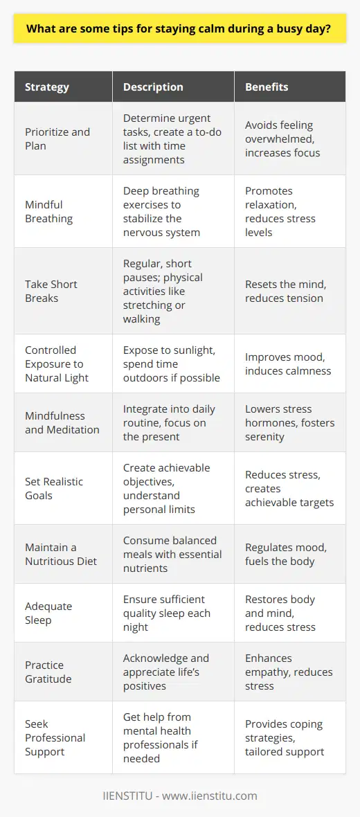 In the midst of a bustling day, staying calm can sometimes seem like a herculean task. However, with the right strategies, you can navigate through a busy schedule without letting stress get the best of you. Here are some practical tips to help maintain your composure even when the pressure is mounting:1. Prioritize and Plan: One of the first steps in staying calm is to determine what needs your immediate attention and what can wait. Prioritizing tasks helps to prevent feeling overwhelmed. Create a to-do list and assign time slots for each task. This will serve as a roadmap for the day and help you stay focused.2. Mindful Breathing: When stress levels spike, your breathing becomes shallow and rapid. Counter this by taking a moment for a deep breathing exercise. Inhale slowly for a count of four, hold your breath for a second, and then exhale for a count of four. This technique engages the parasympathetic nervous system, promoting relaxation.3. Take Short Breaks: It's important to take short, regular breaks throughout the day. Even a 5-minute pause can be incredibly beneficial. During breaks, step away from your desk, stretch, or take a brief walk. This helps to reset your mind and reduce tension.4. Controlled Exposure to Natural Light: If possible, expose yourself to natural light or take a short walk outside. Sunshine and fresh air are known for their ability to improve mood and induce calmness.5. Mindfulness and Meditation: Implement mindfulness practices such as meditation into your daily routine. You can do this by spending a few minutes focusing on the present moment. This practice can lower stress hormones and foster a state of serenity.6. Set Realistic Goals: Sometimes stress comes from trying to accomplish too much. Set realistic and achievable goals for each day. Recognizing your limits is not a sign of weakness but a strategic approach to maintaining your calm.7. Maintain a Nutritious Diet: The food you consume has a significant impact on how you feel. Eating a balanced diet rich in fruits, vegetables, lean protein, and whole grains provides the necessary nutrients to fuel your body and help regulate your mood.8. Adequate Sleep: Ensure that you get enough quality sleep each night. Sleep is a critical time for the body to repair and restore itself. Lack of sleep can exacerbate stress and impair cognitive function, making it harder to handle a busy day.9. Practice Gratitude: Take a moment to acknowledge the things you’re thankful for. Research shows that gratitude can reduce stress, enhance empathy, and improve overall mental health.10. Seek Professional Support: If stress becomes unmanageable, don't hesitate to seek the assistance of a mental health professional. Therapists can provide strategies and tools to deal with stress effectively.In summary, staying calm during a busy day is achievable by incorporating mindfulness, strategic planning, and self-care into your regular routine. Always remember that managing stress is not a one-size-fits-all solution. You can also add other stress-reducing activities that cater to your personal preferences. Organizations like IIENSTITU offer resources and courses that can help you develop skills to handle stress and improve your overall well-being. Take the time to explore these avenues as they can provide valuable support in your quest to maintain calmness amidst chaos.