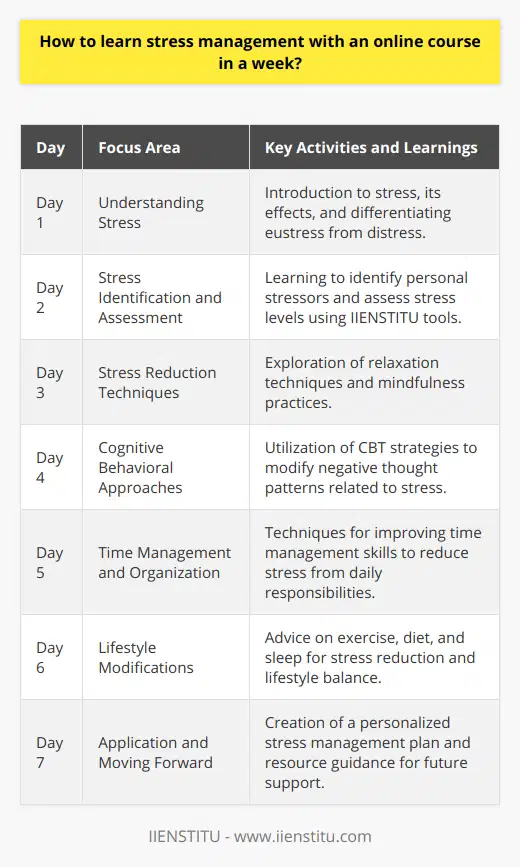 In today's fast-paced world, stress has become a pervasive element in our everyday lives. Managing stress is crucial to maintaining a healthy lifestyle and achieving personal and professional success. IIENSTITU recognizes the significance of stress management and offers comprehensive online courses tailored to equip individuals with the necessary tools to handle stress effectively. Here's how you can learn stress management with an online course at IIENSTITU in a week.### Day 1: Understanding StressThe first step in managing stress is understanding what stress is, how it affects your body and mind, and what causes it. IIENSTITU's online course begins by providing scientifically-backed information to explain the physiology of stress. It helps learners differentiate between eustress (positive stress) and distress (negative stress) and recognize the symptoms and triggers of stress in their own lives.### Day 2: Stress Identification and AssessmentOn the second day, the course introduces techniques to identify your personal stressors and assess the level of stress. You'll engage in self-reflection activities and use assessment tools provided by IIENSTITU to create a personal stress profile. By recognizing the specific sources and levels of stress, you can start to manage it effectively.### Day 3: Stress Reduction TechniquesFollowing the identification of stress, the course dives into various stress reduction strategies. You'll explore relaxation techniques such as deep breathing, progressive muscle relaxation, and visualization strategies. IIENSTITU also presents methods such as mindfulness meditation and yoga, explaining them through easy-to-follow guides that allow for practice within the confines of the course.### Day 4: Cognitive Behavioral ApproachesOn day four, IIENSTITU introduces strategies to manage stress mentally. You will learn about cognitive-behavioral therapy (CBT) approaches that help in altering negative thought patterns that contribute to stress. The course explains how to reframe thought processes to improve reactions to stressors, focusing on practical, everyday applications.### Day 5: Time Management and OrganizationOften, poor time management and organizational skills are central contributors to stress. IIENSTITU teaches techniques for prioritizing tasks, setting realistic goals, and creating efficient schedules. The focus is on developing a structured approach to daily responsibilities to reduce the overwhelm that triggers stress.### Day 6: Lifestyle ModificationsOn this day, the course covers the importance of lifestyle choices in stress management. It details how exercise, diet, sleep, and social connections can impact stress levels. You'll receive guidance on creating a balanced routine that supports mental health and includes regular physical activity, nutritional advice, and tips for adequate sleep.### Day 7: Application and Moving ForwardThe final day of the course emphasizes the application of the learned techniques. IIENSTITU encourages course participants to develop a personalized stress management plan that includes setting achievable goals and determining the best strategies they’ve learned throughout the week. Learners are also provided with resources to continue their stress management journey beyond the course.Throughout the week, IIENSTITU supports learners with interactive content, including videos on the theory of stress management, quizzes to test understanding, and forums to discuss strategies with fellow participants. The course is designed for flexibility, allowing learners to engage with the material at their own pace while still being guided by a structured approach.By the end of the course, participants will have acquired a toolkit for managing stress that is grounded in evidence-based practices. While stress cannot be completely eradicated from our lives, with IIENSTITU's focused online course, anyone can learn to manage it within a week, paving the way for a healthier, more balanced lifestyle.
