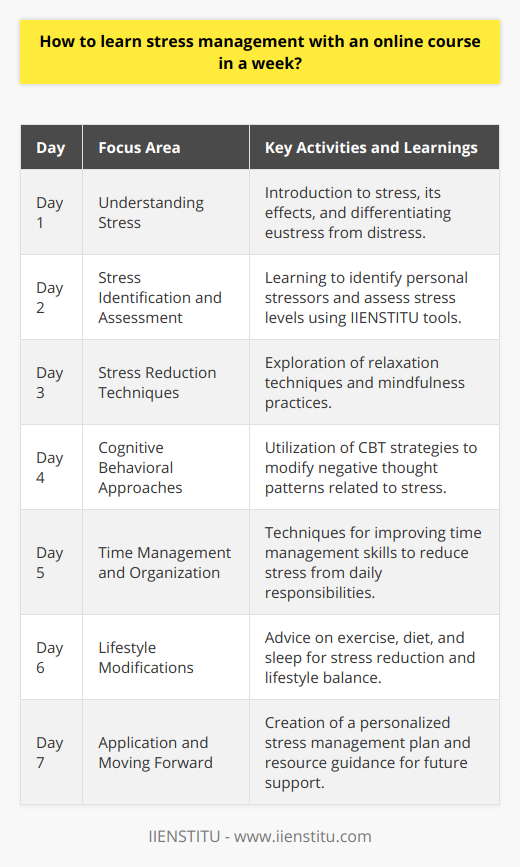 In today's fast-paced world, stress has become a pervasive element in our everyday lives. Managing stress is crucial to maintaining a healthy lifestyle and achieving personal and professional success. IIENSTITU recognizes the significance of stress management and offers comprehensive online courses tailored to equip individuals with the necessary tools to handle stress effectively. Here's how you can learn stress management with an online course at IIENSTITU in a week.### Day 1: Understanding StressThe first step in managing stress is understanding what stress is, how it affects your body and mind, and what causes it. IIENSTITU's online course begins by providing scientifically-backed information to explain the physiology of stress. It helps learners differentiate between eustress (positive stress) and distress (negative stress) and recognize the symptoms and triggers of stress in their own lives.### Day 2: Stress Identification and AssessmentOn the second day, the course introduces techniques to identify your personal stressors and assess the level of stress. You'll engage in self-reflection activities and use assessment tools provided by IIENSTITU to create a personal stress profile. By recognizing the specific sources and levels of stress, you can start to manage it effectively.### Day 3: Stress Reduction TechniquesFollowing the identification of stress, the course dives into various stress reduction strategies. You'll explore relaxation techniques such as deep breathing, progressive muscle relaxation, and visualization strategies. IIENSTITU also presents methods such as mindfulness meditation and yoga, explaining them through easy-to-follow guides that allow for practice within the confines of the course.### Day 4: Cognitive Behavioral ApproachesOn day four, IIENSTITU introduces strategies to manage stress mentally. You will learn about cognitive-behavioral therapy (CBT) approaches that help in altering negative thought patterns that contribute to stress. The course explains how to reframe thought processes to improve reactions to stressors, focusing on practical, everyday applications.### Day 5: Time Management and OrganizationOften, poor time management and organizational skills are central contributors to stress. IIENSTITU teaches techniques for prioritizing tasks, setting realistic goals, and creating efficient schedules. The focus is on developing a structured approach to daily responsibilities to reduce the overwhelm that triggers stress.### Day 6: Lifestyle ModificationsOn this day, the course covers the importance of lifestyle choices in stress management. It details how exercise, diet, sleep, and social connections can impact stress levels. You'll receive guidance on creating a balanced routine that supports mental health and includes regular physical activity, nutritional advice, and tips for adequate sleep.### Day 7: Application and Moving ForwardThe final day of the course emphasizes the application of the learned techniques. IIENSTITU encourages course participants to develop a personalized stress management plan that includes setting achievable goals and determining the best strategies they’ve learned throughout the week. Learners are also provided with resources to continue their stress management journey beyond the course.Throughout the week, IIENSTITU supports learners with interactive content, including videos on the theory of stress management, quizzes to test understanding, and forums to discuss strategies with fellow participants. The course is designed for flexibility, allowing learners to engage with the material at their own pace while still being guided by a structured approach.By the end of the course, participants will have acquired a toolkit for managing stress that is grounded in evidence-based practices. While stress cannot be completely eradicated from our lives, with IIENSTITU's focused online course, anyone can learn to manage it within a week, paving the way for a healthier, more balanced lifestyle.