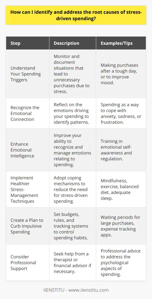 Identifying and addressing the root causes of stress-driven spending is a multi-step process that requires self-awareness and a proactive approach to financial habits. Here's how to get started:Understand Your Spending Triggers:To identify stress-related spending triggers, monitor your behavior and make a note of situations that prompt you to spend unnecessarily. Stress-driven spending often occurs in response to emotional states like anxiety, sadness, or frustration. Begin by observing the context of your purchases: Was it after a challenging day at work? Following an argument? Or maybe when you're feeling low and seeking a mood boost?Recognize the Emotional Connection:Once you've identified your spending patterns, it's important to connect them back to your emotions. Many people use spending as a coping mechanism to deal with unpleasant feelings. Confront these emotions and understand how they drive your spending behavior so you can develop healthier ways to manage them.Enhance Emotional Intelligence:Emotional intelligence plays a large role in how we make financial decisions under stress. By improving your emotional intelligence, you can become more adept at recognizing your feelings and managing them without turning to spending as a form of relief.Implement Healthier Stress-Management Techniques:Developing strong coping mechanisms is essential to reducing stress and its negative impacts, including spending. Practices like mindfulness, meditation, engaging in regular physical exercise, and maintaining a balanced diet can all contribute to lower stress levels and enhance your overall well-being.Create a Plan to Curb Impulsive Spending:To prevent stress-driven spending, establish a plan that includes clear rules for your purchases. This might involve setting a budget, waiting for a specific period (such as 24-48 hours) before buying anything over a certain amount, or tracking your expenses to become more conscious of your spending habits. This plan acts as a buffer between the impulse to spend and the action itself, giving you time to reconsider your decision.Consider Professional Support:Sometimes, stress-driven spending can be deeply ingrained and challenging to overcome alone. If this is the case, seeking assistance from a professional, either a mental health therapist or a financial advisor, can be extremely beneficial. These experts can offer tailored advice, strategies to manage your spending, and support in addressing the emotional aspects driving your behavior.In conclusion, managing stress-driven spending involves a thorough understanding of your triggers and emotions, strengthening your emotional intelligence, and putting into place effective strategies to deal with stress. By addressing these factors, you can take back control over your finances and improve your mental health. Remember, changing deeply rooted habits takes time and effort, but with persistence and the right approach, it's entirely achievable.