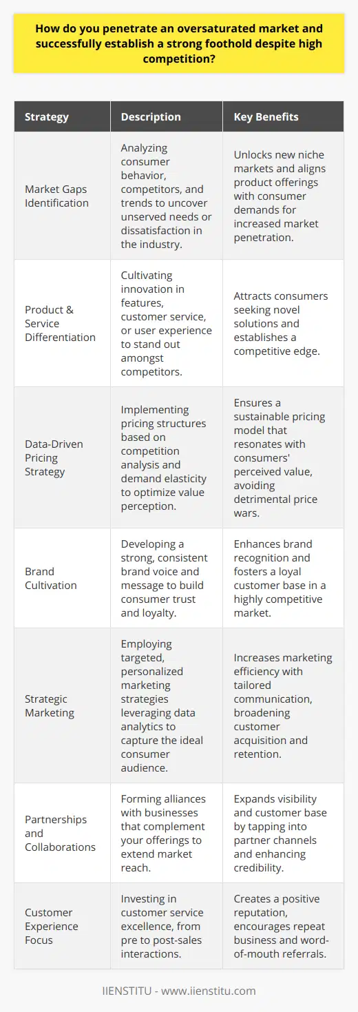 Successfully penetrating an oversaturated market entails a blend of strategic planning, deep market understanding, innovative thinking, and savvy execution. Here's how businesses can thrive in fiercely competitive environments:Identifying Market Gaps and Consumer NeedsTo enter a saturated market, it's critical to discover niches or consumer pain points that current market leaders are not addressing effectively. This means deeply analyzing consumer behavior and feedback, existing competitors, and market trends. By identifying unmet needs or areas of dissatisfaction among consumers, a business can tailor its offerings to provide a unique solution that fills these gaps.Differentiation through Product and Service InnovationIn an oversaturated market, differentiation is key. This can come through innovative product features, superior customer service, or a unique user experience. Understanding what competitors offer and how your product can stand out is essential. Whether it's through sustainability, customization, or technology integration, a product that provides a clear and compelling difference can capture the attention of consumers who are saturated with similar choices.Adopting a Data-Driven Pricing StrategyPrice wars are common in saturated markets, but competing solely on price isn't always sustainable. Instead, businesses should adopt data-driven pricing strategies that reflect the true value the product or service offers. By conducting a detailed competitive analysis and understanding the elasticity of demand, a company can position its pricing in a way that balances affordability with perceived value.Cultivating a Strong, Authentic BrandIn an oversaturated market, a strong and recognizable brand can be a significant differentiator. Businesses should work to establish a brand voice and message that resonates with their target demographic, build customer trust, and establish a reputation for quality and reliability. Authentic storytelling and consistent brand messaging can foster a loyal customer base, even in a crowded marketplace.Striking The Right Marketing ChordsEffective marketing is about reaching the right audience, at the right time, with the right message. In an oversaturated market, personalized and targeted marketing strategies are crucial. Businesses must leverage data analytics to understand consumer behaviors and preferences and tailor their marketing campaigns accordingly. Utilizing a mix of digital and traditional marketing methods helps ensure a wide but precise reach.Building Strategic Partnerships and CollaborationsStrategic partnerships with other businesses can open up new channels and customer bases. By partnering with companies that complement your offerings, you can leverage each other’s strengths. This could mean cross-promotions, bundled offers, or co-branded products. Such alliances can enhance visibility and credibility, giving businesses an edge in a crowded market.Prioritizing Customer Experience and ServiceExemplary customer service can make a business stand out in any market. This includes everything from the purchasing and online experience to after-sales support and how customer concerns are addressed. Businesses need to invest in staff training, revamp support channels, and genuinely engage with customer feedback to continuously improve their service.In conclusion, penetrating an oversaturated market requires a multi-faceted strategy. By offering unique value propositions, engaging in targeted marketing, embracing strategic partnerships, and nurturing a powerful brand ethos, businesses can not only enter but thrive in highly competitive markets. With these approaches, companies can turn the challenge of market saturation into an opportunity for innovation and growth.