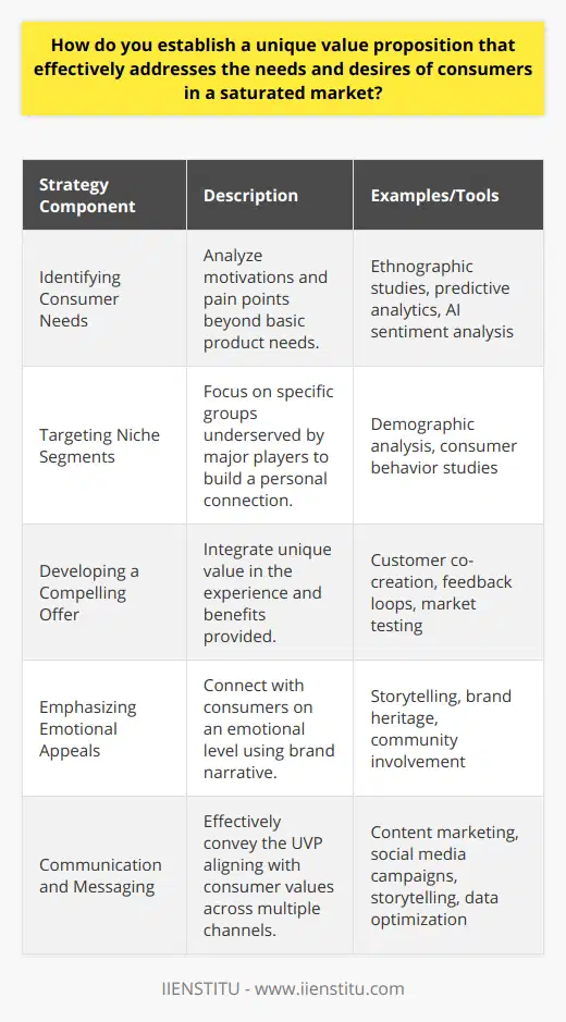 In a saturated market, crafting a unique value proposition (UVP) requires a strategic understanding of consumer psychology and a detailed approach to market differentiation. Here's how a business can achieve this delicate balance.Identifying Consumer Needs and DesiresThe first step in defining a UVP is a deep dive into the desires and problems faced by consumers. This step surpasses the basic service or product needs and taps into the more intricate motivations and pain points of the target audience. For instance, while plenty of smartphones exist, perhaps consumers are seeking devices that prioritize digital well-being or offer more sustainable manufacturing processes. Unveiling such unique needs often comes from employing advanced market research tools like ethnographic studies, predictive analytics, and AI-enabled consumer sentiment analysis.Targeting Niche SegmentsEvery market comprises various subgroups with specific preferences that are not fully catered to by the larger players. By identifying and targeting these niche groups, businesses can create products or services that resonate on a personal level with consumers. Tailoring a UVP that speaks directly to the nuanced needs of a carefully chosen segment can establish a business as a leader within that niche.Developing a Compelling OfferA compelling UVP transcends the mere features of a product or service—instead, it encapsulates the unique experience or value it brings to the consumer. For example, rather than just offering financial services, a business might build its UVP around financial empowerment and literacy, thereby forging a deeper connection with the consumer. To develop such an offer, businesses need to integrate feedback loops, customer co-creation, and continuous market testing into their product development cycles.Emphasizing Emotional AppealsHumans are emotional creatures, and our decisions are heavily influenced by how a brand or product makes us feel. In a saturated market, where features and benefits often overlap, leveraging storytelling, brand heritage, or community involvement can help a business to emotionally differentiate its UVP. It's important to align this emotional appeal with the brand's core values and the ethos of the niche segment being targeted.Communication and MessagingOnce the UVP is developed, it's crucial to communicate it effectively. The messaging should be clear, consistent, and in alignment with the identified consumer needs and values. Marketing campaigns should be tailored to depict the brand's narrative and UVP across various consumer touchpoints—be it on social media, through content marketing, or in-store experiences. Storytelling techniques and data-driven content optimization can help businesses refine their communication strategy to be more impactful and relatable for their target audience.By combining a comprehensive understanding of consumer needs, a focus on niche markets, a compelling offer, emotional branding, and strategic communication, a business can establish a UVP that not only resonates with consumers but also positions the brand as a unique and valuable entity in a crowded marketplace.