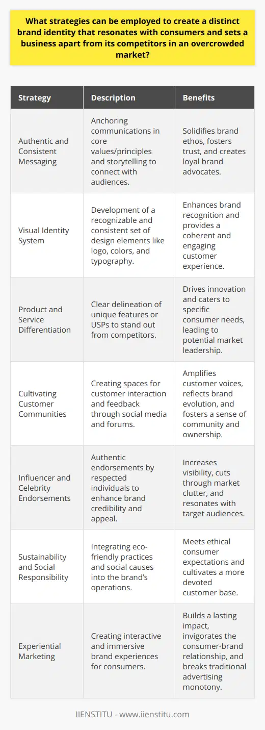 In an era of heightened market competition, crafting a unique brand identity is essential for businesses aiming to capture consumer attention and build enduring loyalty. A distinct brand identity not only sets a business apart but also serves as a promise to customers—a beacon that guides their choices and fosters trust. Here are several strategies businesses can deploy to establish a compelling brand presence:**Authentic and Consistent Messaging**One of the cornerstones of a successful brand identity is authentic and consistent messaging across all touchpoints. By anchoring their communications in core values and principles, businesses solidify their brand ethos. Storytelling that reveals the why behind a brand can create emotional connections with audiences, spawning brand advocates and turning customers into loyal fans.**Visual Identity System**Visually, a brand must be instantly recognizable, which demands a meticulously designed visual identity system. This extends beyond merely a logo; it encompasses a palette of colors, typography, imagery, and design elements that reflect the brand's personality. Consistency in these elements across all platforms, from traditional advertising to digital content, is crucial in creating a unified and engaging brand experience.**Product and Service Differentiation**To rise above the noise, businesses must clearly delineate how their products or services differ from the competition. This might mean innovating with groundbreaking features, spearheading technological advancements, or honing in on a unique selling proposition (USP) that addresses specific consumer desires. Tailoring offerings to cater to unfulfilled market needs can pave the way to market leadership.**Cultivating Customer Communities**Building a communal space for customers to interact and share experiences can further strengthen the brand's identity. Through active engagement on social media or dedicated forums, businesses can amplify the voices of their customers, reflect their feedback in brand evolution, and create a sense of ownership and community around the brand.**Influencer and Celebrity Endorsements**Strategic partnerships with influencers and celebrities can significantly amplify a brand's visibility and appeal. When a respected individual authentically endorses a brand, it can transfer some of their credibility and appeal to the brand, thus cutting through the clutter and resonating meaningfully with target audiences.**Sustainability and Social Responsibility**An increasing number of consumers are assessing brands through a lens of sustainability and ethical responsibility. Forward-thinking businesses that integrate eco-friendly practices and support social causes can differentiate themselves as responsible entities. This not only meets the ethical expectations of consumers but can also lead to a more devoted customer base.**Experiential Marketing**Lastly, unforgettable brand experiences that engage consumers in interactive and immersive ways can leave a lasting impact. Experiential marketing, if aligned thoughtfully with the brand's narrative, can invigorate the consumer-brand relationship by breaking the monotony of traditional advertising and inviting consumers into a three-dimensional brand story. In conclusion, establishing a distinct brand identity is a multifaceted endeavor that requires businesses to approach the market with a blend of creativity, authenticity, and strategic insight. By adhering to the principles of consistent messaging, visual coherence, innovative differentiation, community building, influencer collaboration, corporate responsibility, and experiential engagement, brands can carve out a strong position in their respective markets and win the hearts of consumers.