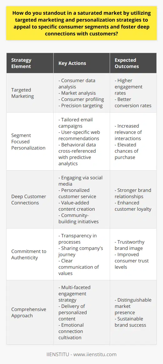 In the current climate of crowded marketplaces, distinguishability becomes a pressing challenge for businesses seeking to thrive. To carve out a niche in such environments, utilizing targeted marketing and crafting personalized experiences for specific consumer segments are instrumental.**Understanding Targeted Marketing**Targeted marketing begins with a deep dive into consumer data to unearth insights about the preferences and behaviors of various customer segments. By leveraging tools such as market analysis and consumer profiling, businesses can direct their efforts towards individuals who exhibit the most potential for engagement and conversion. Precision in targeting is vital, as it helps avoid the scattergun approach typical of less focused marketing efforts.**The Power of Segment Focused Personalization**Once key segments are established, personalization comes into play. This means curating experiences, communications, and offerings to meet the unique demands of each identified segment. From custom email marketing campaigns that speak directly to a consumer’s interests to user-specific recommendations on a website, personalization increases the relevance of a brand's interaction with its customers.Cross-referencing behavioral data with predictive analytics allows businesses to present products and services to customers at the time they are most likely to be needed or desired, substantially increasing the chances of purchase.**Cultivating Deep Connections with Customers**Strengthening customer relationships is integral to differentiation. Rather than being transactional, companies should aim to be relational. Authentic engagement strategies may include fostering dialogue through social media platforms, providing exceptional customer service with a personal touch, or creating value-added content that enriches the customer's life.Community-building initiatives, whether through online forums or offline events, serve to extend the relationship beyond the purchase, embedding the brand in the customers' social fabric.**Endorsing Authenticity as a Core Value**In a world rife with skepticism towards corporate intentions, authenticity emerges as a powerful differentiator. Brands that commit to transparency in processes, values, and communications engender trust with their audience. Sharing the company's journey, the challenges faced, and the victories achieved helps humanize the brand, drawing customers into a shared narrative.**Key Takeaways**To truly stand out in a saturated market, a multi-faceted approach is essential. It's not enough to know who to target; it is equally critical to understand how to engage them in a manner that resonates authentically. By delivering personalized, segment-specific content and experiences, and cultivating genuine emotional connections, businesses can rise above the noise of a crowded market. Such strategic differentiation instills brand loyalty, fostering a robust and enduring customer base – the cornerstone of sustainable success.