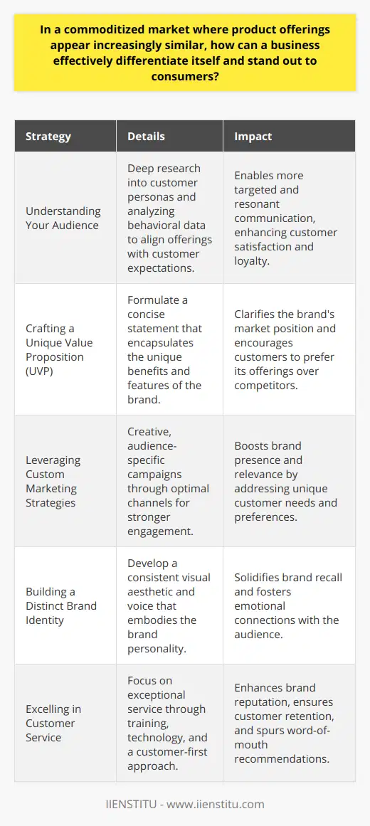 In today's hyper-competitive business environments, where many products and services seem interchangeable to the average consumer, standing out requires a strategic blend of innovation, insight, and ingenuity. Navigating a commoditized market can be challenging, but there are several key ways a business can differentiate itself effectively from the competition.Understanding Your Audience:Differentiation begins with an in-depth understanding of your target market. Researching and developing customer personas can provide valuable insights into the needs, preferences, and behaviors of your audience. By analyzing data, such as purchasing patterns, social media engagement, and even customer feedback surveys, you can tailor your approach to resonate on a deeper level with those you aim to serve.Crafting a Unique Value Proposition (UVP):Your UVP is the cornerstone of your differentiation strategy. It is the defining statement that captures the essence of what makes your business extraordinary. A compelling UVP should not just highlight the features of your product or service, but ideally pinpoint the unique benefit that customers can only gain from choosing your brand. The goal here is to transform your offer from a commodity to a must-have solution for your target audience’s specific needs.Leveraging Custom Marketing Strategies:Effective marketing is not a one-size-fits-all game. Especially in a commoditized market, personalized and targeted marketing campaigns can pave the way for deeper consumer connections. This could involve creating content that speaks directly to particular customer pain points or leveraging psychographic segmentation to develop campaigns that reflect your consumers' lifestyles and beliefs. By choosing the right channels—whether it’s through captivating video content, insightful blog posts, or interactive social media campaigns—you can better attract and engage with a more relevant audience.Building a Distinct Brand Identity and Personality:A distinctive brand identity and personality can be one of your strongest differentiators. From a consistent and visually appealing design aesthetic to a unique voice in communications, these elements contribute to a brand's memorability. The emotional connections that stem from a strong brand personality—be it trustworthy, adventurous, intellectual, or compassionate—are invaluable for setting a business apart.Excelling in Customer Service:Ultimately, the quality of your customer service can make or break the perceived value of your product or service. In a commoditized market, outstanding customer service can be a prime differentiator. By investing in training, adopting a customer-first mindset, and even embracing technology to streamline service processes, you can exceed customer expectations. Personalized interactions, attentiveness, and swift problem resolution will not only retain customers but also encourage them to become vocal advocates for your brand.In conclusion, standing out in a commoditized market can be achieved by honing in on your target audience, offering a unique value proposition, pursuing tailored marketing strategies, building a distinctive brand identity, and elevating your customer service game. Each of these facets contributes to a differentiated market presence that can captivate consumers' attention, earn their loyalty, and ultimately secure a firm foothold in a competitive marketplace.