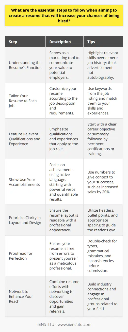 Creating a Resume to Increase Hiring ChancesCrafting a resume that stands out is essential for job seekers. A well-composed resume acts as a snapshot of your professional capabilities and can be the key to unlocking job interviews. Here's a guide to developing a resume that can greatly enhance your chances of being hired.Understanding the Resume's FunctionA resume is a marketing tool that communicates your value to potential employers. It is not simply a job history; it must highlight the aspects of your background that are most relevant to the job you want. Think of your resume as an advertisement for your professional abilities, tailored to catch the attention of hiring managers.Tailor Your Resume to Each JobOne size does not fit all when it comes to resumes. Scrutinize the job description and echo the language and requirements listed there in your resume. Emphasize the skills and experiences that align with the role. By doing so, you will not only pass the initial screening done by applicant tracking systems (ATS) but also show your dedication and suitability for the role.Feature Relevant Qualifications and ExperienceBegin with a succinct career objective or professional summary. This section should instantly convey who you are as a professional and what you can contribute to the company. As you list your qualifications and experience, focus on those that apply directly to the job at hand. Highlight any pertinent certifications, courses, or training that you've completed.Showcase Your AccomplishmentsWhen detailing your professional history, concentrate on accomplishments rather than just job responsibilities. Use active language and start each bullet point with compelling verbs. Quantify your successes where possible, such as stating percentages or dollar amounts — this tangible evidence of your impact on previous roles can be very persuasive.Prioritize Clarity in Layout and DesignThe visual aspect of your resume can affect its readability. Opt for a clean, professional layout that makes your information accessible at a glance. Utilize headers, bullet points, and adequate spacing to divide the content effectively. The choice of font and text size should maintain the document's readability and avoid any strain on the reader's eye.Proofread for PerfectionError-free writing is crucial for presenting yourself as a professional. Carefully edit your resume to eliminate typos, grammar mistakes, and inaccuracies. Missteps in your resume can suggest a lack of attention to detail, potentially damaging your chances of securing an interview.Network to Enhance Your ReachA resume alone may not be enough to land the job. Combine your resume efforts with active networking to establish connections with industry professionals. By building relationships and engaging in networks related to your desired industry, you can uncover hidden job opportunities and gain referrals that might elevate your application.By following these steps, you will produce a resume that not only presents your qualifications in the best possible light but also aligns with the expectations of potential employers. Remember, a resume that resonates with the reader will always stand a better chance of advancing to the interview stage.