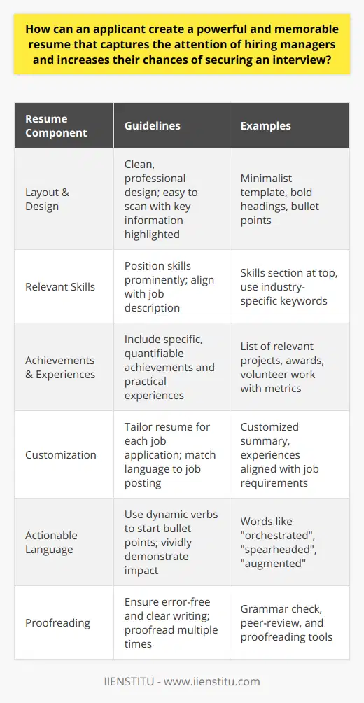Creating a Robust ResumeIn today's competitive job market, having a well-constructed resume is critical for capturing the attention of hiring managers and increasing the probability of landing an interview. A powerful resume acts as a personal marketing tool, and creating one requires a strategic approach, starting with the right layout and design. An effective layout is clean and professional, facilitating quick scanning while ensuring that key information stands out.Prioritizing Relevant SkillsWhen developing your resume, it's vital to emphasize skills pertinent to the job description. These skills should be positioned prominently on your resume, such as in a dedicated skills section or summary at the top of the document. As hiring managers often review applications quickly, prominently displayed skills can effectively grab their attention and keep it.Achievements and Practical ExperiencesThe inclusion of specific achievements and practical experiences can significantly enhance the impact of your resume. Items to consider showcasing are relevant internships, volunteer work, successfully completed projects, awards, and certifications. Concrete examples of your accomplishments are not only evidence of your capabilities but also help to distinguish you from other candidates. Quantifying these achievements where possible can provide a clearer sense of your potential contributions to the employer.Customizing Resume for Each ApplicationA common mistake job seekers make is using a one-size-fits-all resume for every application. To avoid falling into this trap, tailor your resume for each role you apply for. This means adjusting the language to match the job posting, emphasizing the most relevant experiences, and showing how your skills align with the company's needs. Customization demonstrates a genuine interest in the role and can persuade recruiters that you're a serious candidate well-suited for the position.Use of Actionable LanguageA compelling resume uses strong, actionable verbs that breathe life into your experiences. Use dynamic words like led, managed, engineered, facilitated, or innovated to start bullet points in your experience section. This approach not only makes your resume more engaging but also lets you demonstrate your impact in previous roles more vividly.Proofreading the DocumentNo matter how impressive the content of your resume is, grammatical errors or typos can severely damage your professional image. Before submitting your resume, proofread it multiple times to catch and correct any mistakes. Clear and error-free writing indicates a high level of care and professionalism, traits that are universally appreciated by employers.In conclusion, by strategically emphasizing relevant skills, demonstrating tangible achievements, customizing content for each role, employing impactful language, and ensuring a flawless presentation, job applicants can create robust resumes. These well-crafted documents serve not only as essential tools for securing interviews but also as memorable introductions to potential employers, ultimately accelerating the job search journey.