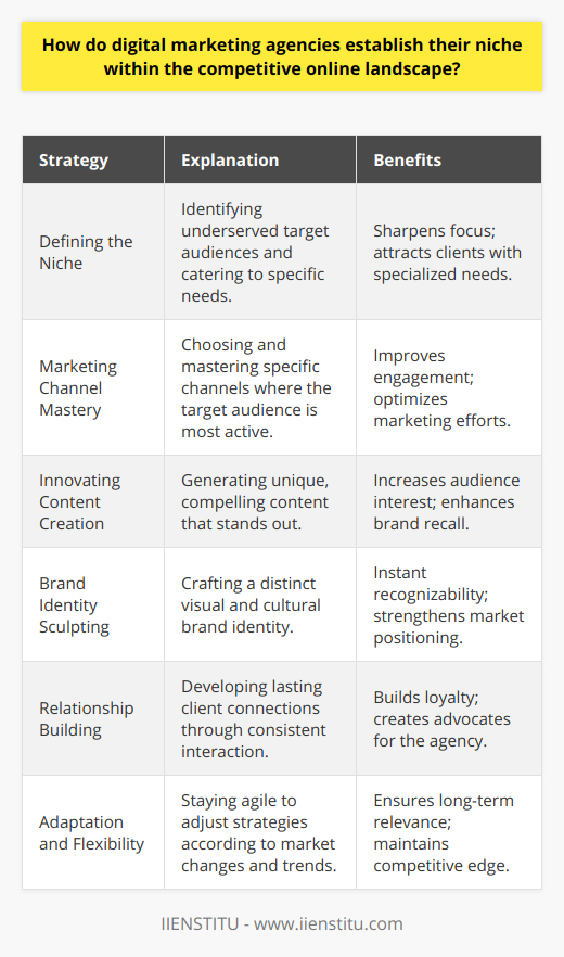 Within the bustling realm of the internet, where countless businesses clamor for consumer attention, digital marketing agencies must craft a distinct niche to thrive. Establishing this niche is akin to finding an uncharted sanctuary in a vast digital ocean. Here’s how these agencies navigate these waters to plant their flags on these virtual islands.Defining the NicheThe quest begins with identifying a target audience whose needs are not being fully met by existing services. A powerful niche responds to a specific pain point or bridges a gap left wide open by others. An agency might, for example, specialize in serving healthcare professionals or focus on eco-friendly and sustainable brands. This targeted approach not only sharpens the agency's focus but also attracts clients seeking specialized knowledge.Marketing Channel MasteryOnce the target market is clear, selecting the apt marketing channels is like choosing the right tools for a job. An agency's expertise may lie in wielding the power of Instagram for lifestyle brands or LinkedIn for B2B communication, optimizing websites for search engines through SEO, or crafting compelling narratives through content marketing. The effectiveness of these channels is often dictated by where the target market spends most of their time and how they prefer to engage.Innovating Content CreationIn the digital marketing realm, content reigns supreme, but not all content wears a crown. To captivate an audience, agencies often produce content that is as interesting as it is novel—think of infographics that distill information succinctly or interactive webinars that engage in real-time. The goal is to offer a fresh perspective or insightful expertise that is not just informative but also compels the audience to act.Brand Identity SculptingAn impeccable brand identity allows an agency to be immediately identifiable amid the chaos of the marketplace. This identity is not merely aesthetic but is deeply rooted in the agency's values, mission, and culture. Whether it's through the clever use of color psychology, a poignant tagline, or a logo that conveys a story, the brand identity serves as a beacon that guides clients to the agency's shores.Relationship BuildingIn a world dominated by fleeting digital interactions, lasting relationships are a currency. Digital marketing agencies cultivate these bonds through exceptional customer service, consistent communication, and community building. They understand that a fortified relationship transcends transactions to foster loyalty and advocacy among their clientele.Adaptation and FlexibilityAgility is the lifeblood of any digital marketing agency aiming to carve out its niche. As algorithms evolve and audience preferences shift, agencies fine-tune their approach, embrace emerging technologies, and pursue continuous education to keep their edge. By remaining pliant, they can anticipate changes, adapt strategies, and safeguard their relevance.By thoroughly understanding their target market, deploying targeted channels, creating captivating content, forging a unique brand identity, and fostering robust client relationships—all while being nimble and adaptive—digital marketing agencies carve their niches in the online world and fortify their presence. This strategic positioning not only propels them to success but also transforms them into go-to specialists for their chosen audience.