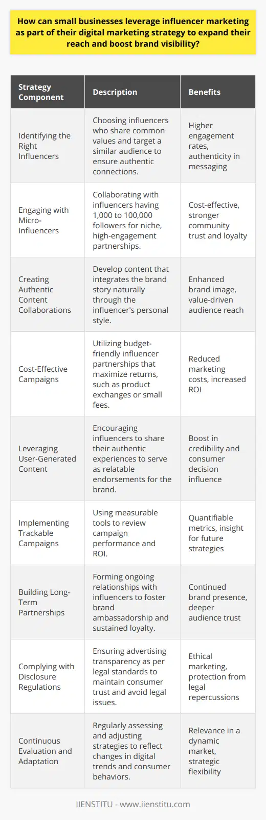 Small businesses seeking an edge in the digital marketplace can no longer afford to overlook the potential of influencer marketing. With the rise of social media platforms, influencers command the attention and trust of audiences that businesses — large and small — aim to reach. Here’s how they can effectively leverage this to benefit their digital marketing strategy:**Identifying the Right Influencers**The first step for a small business is to identify influencers that resonate with their core values and whose audience reflects their target demographic. This influencer-brand congruence ensures authenticity and fosters higher engagement rates. **Engaging with Micro-Influencers**For small businesses, partnership with micro-influencers — those with followers ranging from 1,000 to 100,000 — can be particularly beneficial. These influencers often boast higher engagement rates and have a community that is more niche and loyal, which can ensure more personalized and impactful collaborations.**Creating Authentic Content Collaborations**Collaboration should feel seamless and organic. Influencers can create content that narrates a brand’s story through their unique lens. Whether it's through tutorials, reviews, or lifestyle content, the key is to provide value to the audience while positioning the brand as a solution or enhancement to their lifestyle.**Cost-Effective Campaigns**Influencer marketing can be cost-effective for small businesses. Many influencers are open to various forms of compensation, including free products, services, or smaller fees compared to traditional advertising avenues.**Leveraging User-Generated Content**Encouraging influencers to produce user-generated content can be a goldmine for small businesses. Authentic experiences shared by influencers can significantly sway consumer decisions and create relatable testimonials for the brand.**Implementing Trackable Campaigns**It’s imperative to track the effectiveness of an influencer campaign. Utilizing trackable links, promo codes, and analytics tools can help businesses measure engagement, conversions, and return on investment. These insights inform future campaigns and marketing strategies.**Building Long-Term Partnerships**Rather than one-off campaigns, cultivating long-term relationships with influencers can yield ongoing benefits. Long-term partnerships enable influencers to become brand ambassadors, which can lead to sustained brand loyalty from their followers.**Complying with Disclosure Regulations**Small businesses must ensure that influencers adhere to advertising disclosure regulations. Transparent partnerships help maintain trust among consumers and protect the business from legal repercussions.**Continuous Evaluation and Adaptation**The digital marketing landscape is ever-changing, and it’s essential to continuously monitor and adjust strategies. Consumer behaviors, platform algorithms, and the influencer market itself can shift, necessitating an adaptive approach.By embracing these strategies, small businesses can employ influencer marketing to expand their reach, connect with potential customers on a personal level, and boost their brand visibility. This modern marketing technique, when used effectively, can level the playing field, allowing small businesses to compete in a digital world dominated by bigger players. With the right influencers and a strategic approach, the potential for growth and long-term success is significant.