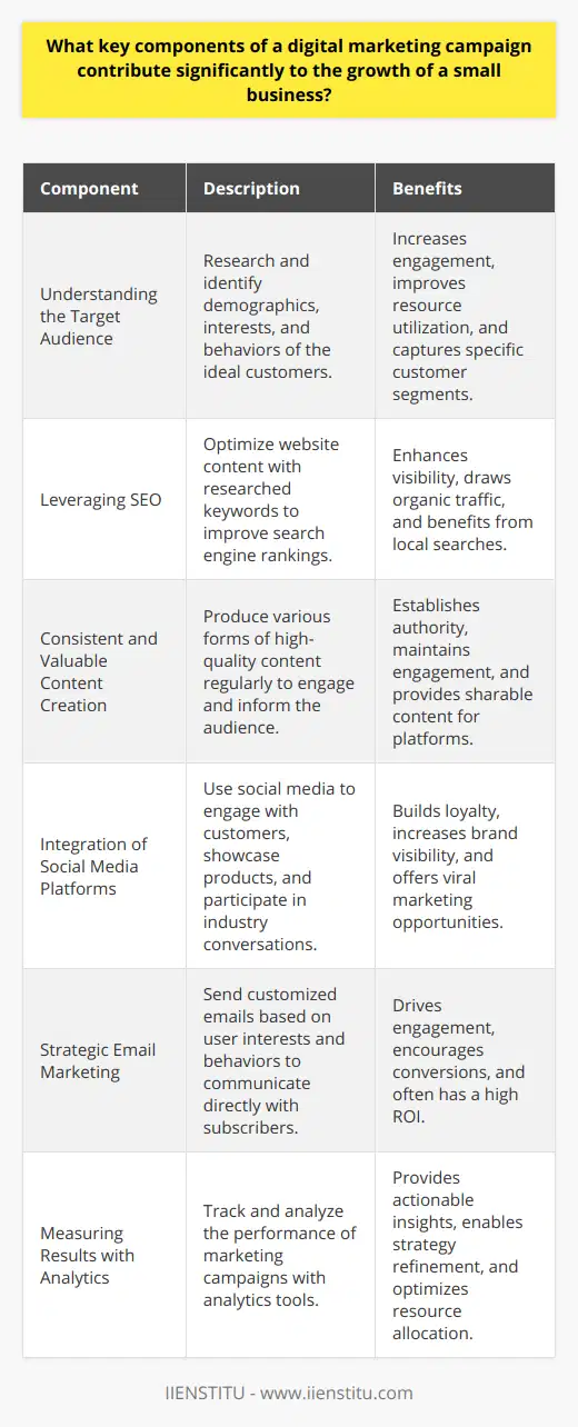 In the digital age, small businesses have a multitude of tools at their disposal to promote growth through online channels. A well-rounded digital marketing campaign can dramatically increase a brand's reach and significantly boost sales. Here are the key components that small businesses must consider when devising their digital marketing strategies:**Understanding the Target Audience**The first and most critical step in any marketing campaign is identifying the target market. Small businesses must research their ideal customers' demographics, psychographics, interests, and online behaviors. By zeroing in on the precise characteristics of their intended audience, businesses can create content and advertisements that speak directly to their potential customers' wants and needs. This approach not only increases the likelihood of capturing attention but also ensures that marketing resources are utilized most effectively.**Leveraging Search Engine Optimization (SEO)**An optimized online presence begins with SEO. By conducting thorough keyword research and implementing those keywords into website content, small businesses can rise in search engine rankings. This increased visibility means that when potential customers search for related products or services, the small business's website has a better chance of appearing prominently, drawing in organic traffic. Furthermore, local SEO can be particularly beneficial for small businesses by targeting local consumers and driving foot traffic to physical stores.**Consistent and Valuable Content Creation**Creating high-quality, valuable content is pivotal. Consistently crafting blog posts, infographics, videos, and other forms of content serves multiple purposes: It establishes the business as an authority in its field, it keeps the audience engaged, and it provides material that can be shared across multiple online platforms. Content marketing, when done right, builds a lasting relationship with the audience and often yields significant SEO benefits.**Integration of Social Media Platforms**Social media has the power to build communities and foster brand loyalty. Few tools are as effective at creating direct interaction and engagement with customers. Each platform offers varying features that small businesses can utilize, from showcasing products with Instagram's visual-centric interface to engaging in industry conversations on Twitter. By actively participating in social media, small businesses can increase brand visibility and create viral marketing opportunities.**Strategic Email Marketing**Email marketing remains one of the most personal ways to reach out to customers and prospects. By collecting email addresses through website sign-ups, small businesses can communicate directly with their audience. Customized email campaigns that address the specific interests and past purchase behaviors of subscribers can drive significant engagement and conversions. Furthermore, email marketing's ROI is often high compared to other digital marketing methodologies.**Measuring Results with Analytics**A data-driven approach to marketing ensures that strategy aligns with actual performance. Analytics tools allow small businesses to track the success of their campaigns in real-time, providing insights into what works and what doesn't. By regularly evaluating these metrics, small businesses can refine their techniques and invest more in the strategies that deliver results, ensuring an effective allocation of marketing resources and continual improvement of their campaigns.In essence, the successful growth of a small business through digital marketing hinges on a deep understanding of the target audience, smart SEO practices, engaging content creation, strategic use of social media, effective email marketing, and continuous performance analysis. By implementing these components in a cohesive strategy, small businesses can generate significant online traction, converting clicks into loyal customers and paving the way for long-term success.