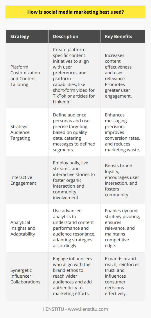 Social media marketing, when used correctly, becomes a powerful tool for connecting with consumers and building lasting brand awareness. Here are some sophisticated strategies for harnessing the full potential of social media marketing:Platform Customization and Content TailoringFor social media marketing to really take off, it is paramount to cater content to the specific nuances of each platform. This isn't just recycling the same content across the board, but rather creating platform-specific initiatives. For example, leveraging short-form video on TikTok, professional articles on LinkedIn, and engaging threads on Twitter. Understanding the unique language and user expectations within each platform can exponentially increase the effectiveness of the content.Strategic Audience TargetingAudiences on social media are diverse and vast, making targeting and segmentation crucial. Developing personas and precise targeting strategies can streamline efforts towards the right audience segments. Quality data and a clear understanding of who you are trying to reach can convert general messaging into targeted conversations.Interactive EngagementEngagement continues to be the heartbeat of social media success. It's about creating content strategies that not only inform but invite interaction. Polls, live streams, and interactive stories are not just trends but opportunities for brands to engage organically with audiences. When a brand steps up its game in replying and interacting, it solidifies its place within the social community as attentive and approachable—a reputation that pays off in loyalty and advocacy.Analytical Insights and AdaptabilityThe rich vein of real-time data available on social media platforms is a goldmine for marketers. Advanced analytics give us a peephole into the performance of our content and campaigns. This isn't just number crunching; it's about interpreting the data to really understand what resonates with the audience and why. Brands that fine-tune their approaches based on this feedback position themselves to stay ahead of the curve in an ever-evolving digital landscape.Synergetic Influencer CollaborationsIntegrating influencer marketing is more than just a passing trend; it's an endorsement strategy that today's discerning consumers trust. When influencers with integrity and relevance to a brand's ethos share content, it doesn't just reach wider circles; it carries an inherent recommendation that has a higher chance of influencing purchase decisions. Strategic influencer partnerships can bring authenticity to campaigns, helping brands to tap into new demographics.In crafting an effective social media marketing approach, brands need to remember that it is both an art and a science. The platforms themselves are not static but evolving organisms, and to best use social media marketing, marketers must evolve with them. They must innovate within the realms of content creation, audience engagement, and influencer collaboration while applying analytical rigor to perfect their approaches over time.