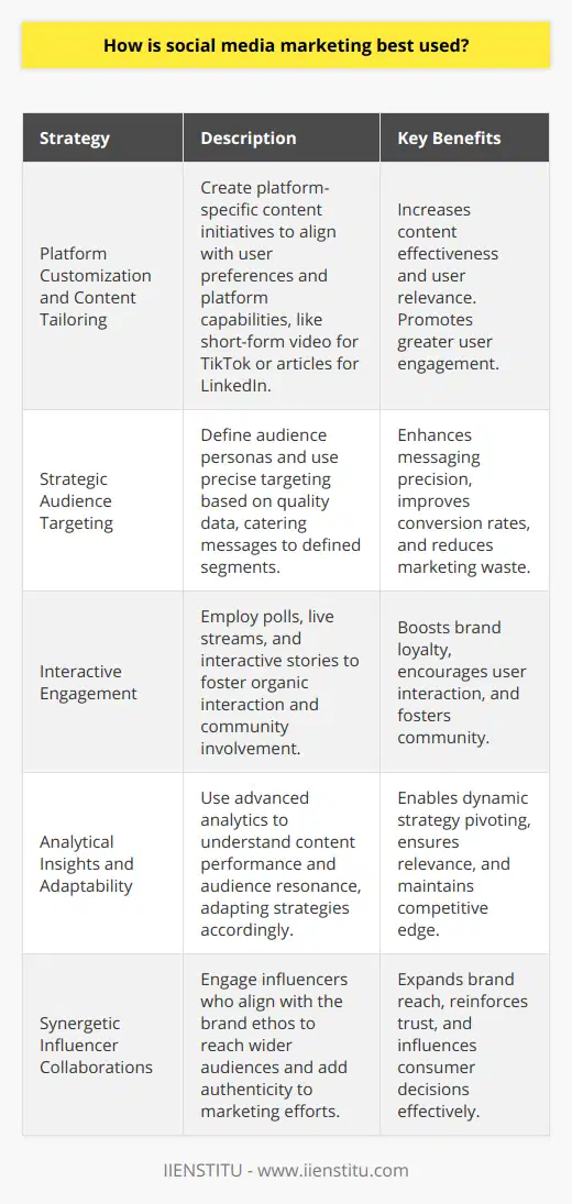 Social media marketing, when used correctly, becomes a powerful tool for connecting with consumers and building lasting brand awareness. Here are some sophisticated strategies for harnessing the full potential of social media marketing:Platform Customization and Content TailoringFor social media marketing to really take off, it is paramount to cater content to the specific nuances of each platform. This isn't just recycling the same content across the board, but rather creating platform-specific initiatives. For example, leveraging short-form video on TikTok, professional articles on LinkedIn, and engaging threads on Twitter. Understanding the unique language and user expectations within each platform can exponentially increase the effectiveness of the content.Strategic Audience TargetingAudiences on social media are diverse and vast, making targeting and segmentation crucial. Developing personas and precise targeting strategies can streamline efforts towards the right audience segments. Quality data and a clear understanding of who you are trying to reach can convert general messaging into targeted conversations.Interactive EngagementEngagement continues to be the heartbeat of social media success. It's about creating content strategies that not only inform but invite interaction. Polls, live streams, and interactive stories are not just trends but opportunities for brands to engage organically with audiences. When a brand steps up its game in replying and interacting, it solidifies its place within the social community as attentive and approachable—a reputation that pays off in loyalty and advocacy.Analytical Insights and AdaptabilityThe rich vein of real-time data available on social media platforms is a goldmine for marketers. Advanced analytics give us a peephole into the performance of our content and campaigns. This isn't just number crunching; it's about interpreting the data to really understand what resonates with the audience and why. Brands that fine-tune their approaches based on this feedback position themselves to stay ahead of the curve in an ever-evolving digital landscape.Synergetic Influencer CollaborationsIntegrating influencer marketing is more than just a passing trend; it's an endorsement strategy that today's discerning consumers trust. When influencers with integrity and relevance to a brand's ethos share content, it doesn't just reach wider circles; it carries an inherent recommendation that has a higher chance of influencing purchase decisions. Strategic influencer partnerships can bring authenticity to campaigns, helping brands to tap into new demographics.In crafting an effective social media marketing approach, brands need to remember that it is both an art and a science. The platforms themselves are not static but evolving organisms, and to best use social media marketing, marketers must evolve with them. They must innovate within the realms of content creation, audience engagement, and influencer collaboration while applying analytical rigor to perfect their approaches over time.