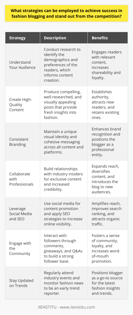 To achieve success in fashion blogging and stand out from the competition necessitates a blend of tactical creativity, a deep understanding of the audience, and a thorough grasp of industry mechanics. Here are some strategies that can be employed:Understanding the Target Audience:Fashion blogging requires a clear insight into who the readers are. Bloggers must conduct audience research to determine their age, gender, location, and fashion interests. This knowledge guides not just the topics chosen but also the tone and style of the writing. Tailoring content to the audience’s preferences makes it more engaging and likely to be shared.Creating High-Quality Content:Content is king in the digital sphere, and fashion blogging is no exception. High-quality content means compelling, well-researched, and beautifully presented posts that educate, inspire, and entertain. It should offer a fresh take on fashion topics, from industry news to style advice and trend analysis. Quality photography and design elements also play a crucial role in defining the visual appeal of the blog content.Consistent Branding and Aesthetic:A distinctive visual identity helps to differentiate a fashion blog in a crowded market. Consistent use of colors, fonts, and styling across all content and platforms ensures recognition and positions the blogger as a professional brand. This consistency should also reflect in the voice and messaging of the blog, creating a unique personality that followers can relate to.Collaborating with Industry Professionals:Strong relationships with fashion industry insiders can propel a blog forward. By collaborating with designers, stylists, and other influencers, bloggers can gain exclusive content, insider knowledge, and increased credibility. These partnerships often lead to guest blog posts or social media takeovers, which introduce the blogger to new audiences.Utilizing Social Media and SEO:Social media platforms are powerful tools for amplifying the reach of fashion content. Fashion bloggers should leverage platforms where visual content thrives, like Instagram and Pinterest. SEO practices, such as using relevant keywords and optimizing for mobile users, increase the chances of the blog appearing in search results, thus attracting organic traffic.Engaging with the Community:A dedicated follower base can be the best asset for a blogger. Responding to comments, hosting giveaways, and engaging with fellow fashion bloggers helps to build a community. Offering exclusive content to subscribers or running interactive Q&A sessions on social networks can increase readership loyalty and word-of-mouth promotion.Staying Updated on Industry Trends:Fashion is dynamic, with trends evolving constantly. Bloggers must stay ahead of the curve by attending fashion events, following influential figures, and subscribing to fashion publications. By being among the first to report on new trends, a blogger positions themselves as an authority, encouraging readers to return for the latest insights.While these strategies are comprehensive, it’s essential to note that authenticity and passion are the underlying elements that connect all successful fashion blogs. By combining genuine enthusiasm for fashion with strategic actions, a fashion blogger can create a compelling online presence that stands out in the fast-paced, ever-changing world of fashion blogging.