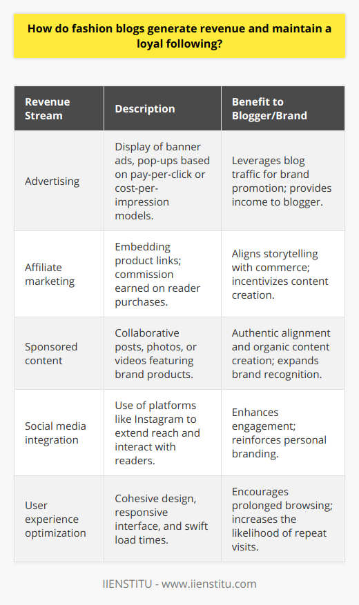 Fashion blogging has emerged as a formidable digital enterprise, blending the allure of contemporary fashion with savvy entrepreneurial skills. Behind the seamless facade of curated outfits and lifestyle snapshots lies a cogent business model revolving around income generation and audience loyalty.Revenue Generation StrategiesRevenue streams for fashion bloggers are multipronged, embracing traditional and innovative methods. Advertising remains a mainstay wherein brands vie for attention on bloggers' platforms via banner ads, timed pop-ups, and more, hoping to leverage the blog's traffic to fuel their promotional objectives. These ads are priced on a range from pay-per-click to cost-per-impression.Affiliate marketing, a performance-based tactic, also significantly bolsters a blogger's income. Herein, the blogger integrates product links within their content. When readers click through and make purchases, the blogger earns a commission. This symbiosis benefits both the marketer and the blogs, in many ways bridging the gap between storytelling and commerce.Sponsored content is increasingly prevalent. Fashion bloggers, especially those with substantial followings, are approached by brands for collaborations. This frequently involves writing posts, capturing photographs, or creating videos incorporating the brand's offerings. There’s an emphasis on authentic alignment between blogger and brand values, ensuring the content is organic to the audience.Building a Loyal FollowingThe cornerstone of a successful fashion blog is its dedicated readership. To garner such fidelity, bloggers must undeviatingly furnish original and captivating content that resonates with their demographic. Whether through showcasing fashion ensembles, forecasting style trends, or doling out fashion advice, the goal remains to consistently engage an audience.A unique editorial voice and authentic storytelling reinforce the blogger's individuality, setting them apart in a saturated market. Transparency and personal anecdotes can conjure a sense of relatability, cultivating reader devotion.Integrating Social Media ChannelsFashion blogging is inextricably linked to social media, with platforms like Instagram acting as extensions of the blogger’s domain. These forums allow for instant interaction and feedback, fostering a blogging community and enhancing reader engagement.Bloggers often harness the visual-focused ethos of social media to exhibit fashion lookbooks and behind-the-scenes peeks, broadening their influence and appealing to visual-centric users. This cross-channel presence not only bridges diverse audience groups but also reinforces the blogger's personal brand.User Experience OptimizationUltimately, the longevity of a fashion blog is predicated on reader experience. Aesthetically pleasing designs, coherent structuring, and responsive interfaces are critical. Blogs that load swiftly, present well on diverse devices, and facilitate effortless navigation inherently invite prolonged browsing sessions and repeat visits.An optimal user experience is a subtle yet powerful element that underscores audience retention. By ensuring their digital space is as inviting and accessible as possible, bloggers lay the groundwork for sustainable engagement.Fashion blogs thus intersect the realms of digital influence and entrepreneurship. Their ability to generate revenue while securing an avid readership rests upon a trifecta of strategic marketing, content excellence, and exceptional user experiences. These practices form the bedrock for thriving in the dynamism of fashion blogging, transcending mere passion projects into profitable ventures.