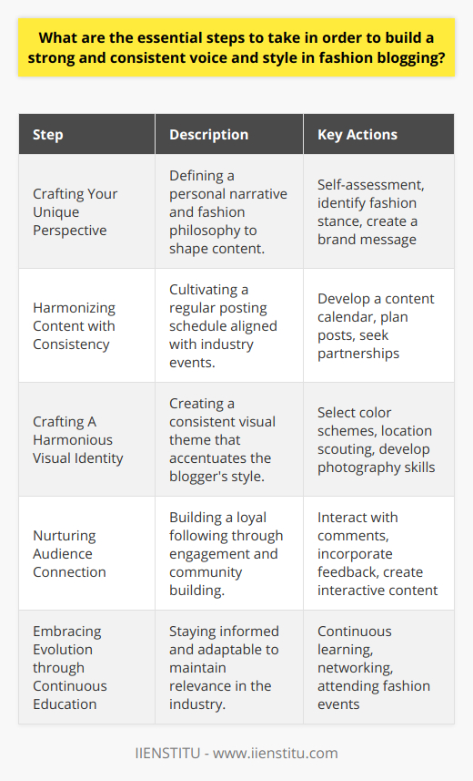 In the dynamic realm of fashion blogging, to distinguish oneself amidst a sea of style mavens and aficionados, it's imperative to forge a distinct and enduring voice and style. Here, we outline the quintessential steps to achieve this goal.**Crafting Your Unique Perspective**The inception of a powerful voice begins with introspection. An authentic voice in fashion blogging is a tapestry woven from your individual narrative, fashion philosophy, and persona. Are you the avant-garde trendsetter, the vintage treasure hunter, or the advocate for sustainable fashion? Define what you stand for and let that be the guiding compass for your content.**Harmonizing Content with Consistency**In the rhythm of your blogging cadence, consistency is key. A content calendar assists in orchestrating your posts, aligning them with fashion seasons, events, and cultural occasions. Such planning also helps identify and seize strategic opportunities for partnerships or sponsorships, providing avenues for your blog to blossom.**Crafting A Harmonious Visual Identity**Your visual narrative should be an echo of your voice. This isn't just about the outfits; it's the color schemes, the chosen locations for shoots, and the personal style you consistently project. Cultivating a distinctive visual style can often involve experiments with photography and videography until you hit the right note. This visual coherence will make your blog instantly recognizable.**Nurturing Audience Connection**No voice gains strength in a vacuum; it thrives on interaction. Authentic communication with your audience can fashion a loyal base of followers who feel connected to your journey. Delve into their comments, seek out their opinions, and let them find a piece of themselves in your blog. This genuine exchange not only fosters community but also provides invaluable insights into your audience's evolving interests and styles.**Embracing Evolution through Continuous Education**As the fashion industry itself is fluid, so too must be your voice and style. Continuous learning keeps you at the forefront of industry discourse, while networking with fashion mavens and attending events keeps your finger on the pulse of style revolutions. What's more, a blogger who is receptive to feedback and flexible to adapt will find that their voice doesn't just grow stronger, but also more resonant with the times.To be an authority in the fashion blogging world, it's not just about having something to say; it's about saying it in a way that is unequivocally and undeniably 'you.' From the aesthetics to the dialogue, a strong voice pervades every facet of your platform, making each post a signature piece that contributes to your unique sartorial symphony.