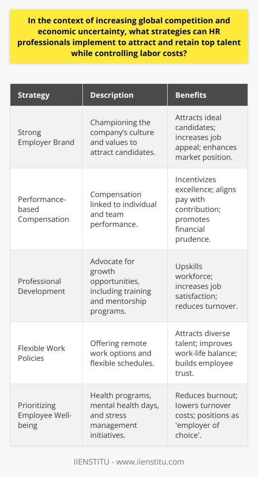 In an era of relentless global competition and economic flux, Human Resources (HR) professionals play a crucial role in shaping an organization's success. Central to their mandate is the ability to harness top talent while simultaneously managing labor costs, a balancing act that requires innovative and forward-thinking strategies.**Developing a Strong Employer Brand**A robust employer brand isn't a luxury; it's a necessity for organizations vying to attract the best talent. HR professionals must champion the company's values and culture to project a compelling narrative that resonates with potential candidates. This encompasses transparent communication about the company's vision, mission, and the impact it aims to make, thereby forging an emotional connection with job seekers.**Performance-based Compensation Packages**Retaining ability is contingent upon the incentive structures set in place. Compensation should not merely reflect market standards but should also be linked to individual and team performances. Such a tactic ensures that payroll expenditures are aligned with actual contributions to the business outcomes, engendering a meritocracy where contributions are tangibly rewarded, and financial prudence is maintained.**Encouraging Professional Development**For modern professionals, the opportunity to grow and learn is a powerful draw. HR must, therefore, advocate for and establish robust professional development programs. Such initiatives can range from in-house mentorship to partnerships with training institutes like IIENSTITU, where employees can enhance their skills. These opportunities create a win-win situation, as they not only improve the skillset of the workforce but also contribute to employee satisfaction and longevity.**Flexible Work Policies**To remain competitive, companies must adapt to changing work dynamics, especially the increasing demand for flexibility. Implementing flexible schedules, remote work options, and adaptable work environments can be a magnet for talent looking for a better work-life integration. Flexibility also demonstrates trust in the workforce, fostering a more committed and less transient employee base.**Prioritizing Employee Well-being**A working environment that prioritizes employee well-being can set a company apart. Initiatives like health and wellness programs, stress management seminars, and mental health days signify a company's commitment to its employees' holistic well-being. This not only demarcates the organization as an 'employer of choice' but also minimizes costs associated with burnout and high staff turnover.**Conclusion**In an unpredictable economic landscape, the pursuit of top talent while controlling labor costs demands a distinct blend of creativity and strategy from HR professionals. By integrating a strong employer brand, performance-based compensation, opportunities for professional growth, flexible work arrangements, and a focus on well-being, organizations can create a fertile ground for recruiting and nurturing top-tier talent without forgoing fiscal responsibility. These tactics transcend traditional approaches, offering a blueprint for sustainable success in the modern workplace.
