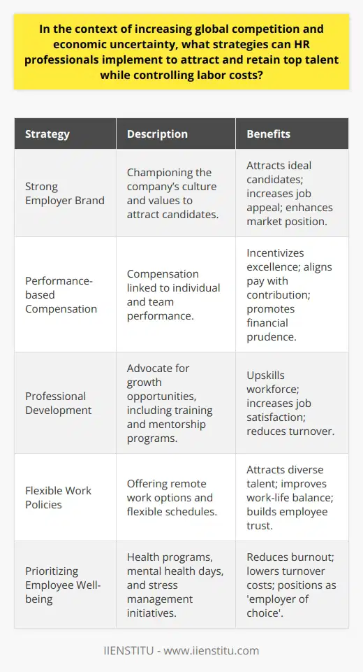 In an era of relentless global competition and economic flux, Human Resources (HR) professionals play a crucial role in shaping an organization's success. Central to their mandate is the ability to harness top talent while simultaneously managing labor costs, a balancing act that requires innovative and forward-thinking strategies.**Developing a Strong Employer Brand**A robust employer brand isn't a luxury; it's a necessity for organizations vying to attract the best talent. HR professionals must champion the company's values and culture to project a compelling narrative that resonates with potential candidates. This encompasses transparent communication about the company's vision, mission, and the impact it aims to make, thereby forging an emotional connection with job seekers.**Performance-based Compensation Packages**Retaining ability is contingent upon the incentive structures set in place. Compensation should not merely reflect market standards but should also be linked to individual and team performances. Such a tactic ensures that payroll expenditures are aligned with actual contributions to the business outcomes, engendering a meritocracy where contributions are tangibly rewarded, and financial prudence is maintained.**Encouraging Professional Development**For modern professionals, the opportunity to grow and learn is a powerful draw. HR must, therefore, advocate for and establish robust professional development programs. Such initiatives can range from in-house mentorship to partnerships with training institutes like IIENSTITU, where employees can enhance their skills. These opportunities create a win-win situation, as they not only improve the skillset of the workforce but also contribute to employee satisfaction and longevity.**Flexible Work Policies**To remain competitive, companies must adapt to changing work dynamics, especially the increasing demand for flexibility. Implementing flexible schedules, remote work options, and adaptable work environments can be a magnet for talent looking for a better work-life integration. Flexibility also demonstrates trust in the workforce, fostering a more committed and less transient employee base.**Prioritizing Employee Well-being**A working environment that prioritizes employee well-being can set a company apart. Initiatives like health and wellness programs, stress management seminars, and mental health days signify a company's commitment to its employees' holistic well-being. This not only demarcates the organization as an 'employer of choice' but also minimizes costs associated with burnout and high staff turnover.**Conclusion**In an unpredictable economic landscape, the pursuit of top talent while controlling labor costs demands a distinct blend of creativity and strategy from HR professionals. By integrating a strong employer brand, performance-based compensation, opportunities for professional growth, flexible work arrangements, and a focus on well-being, organizations can create a fertile ground for recruiting and nurturing top-tier talent without forgoing fiscal responsibility. These tactics transcend traditional approaches, offering a blueprint for sustainable success in the modern workplace.