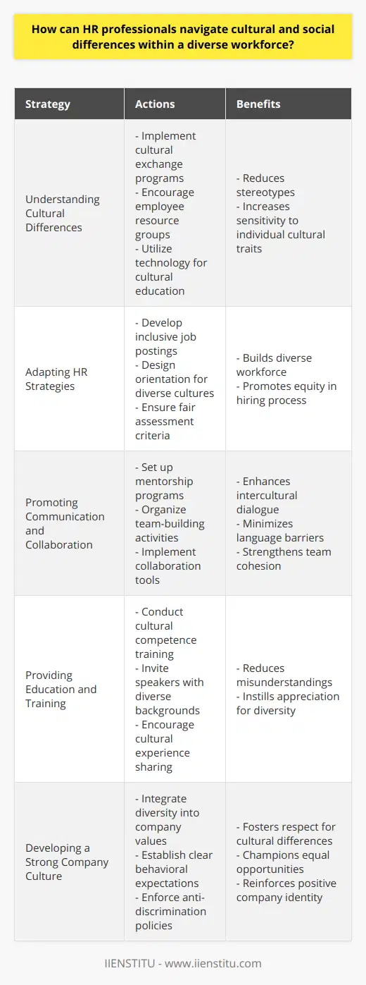 Navigating cultural and social differences within a diverse workforce is a fundamental challenge for HR professionals, as it requires both sensitivity and strategic planning. In a globalized work environment, it is essential to create a workplace culture that embraces diversity while aligning with the company's goals and values.Understanding Cultural Differences:Deep understanding of cultural dimensions is critical for HR professionals. This can be achieved through various methods, including interactive cultural exchange programs, employee resource groups, and by leveraging technology platforms for cultural education. It is important to go beyond stereotypes and to understand the specific cultural traits of the diverse workforce that one is managing.Adapting HR Strategies:An inclusive recruitment process is the first step in building a diverse workforce. HR strategies should emphasize developing job postings and assessments that do not disadvantage any group. Furthermore, during onboarding, HR professionals can design orientation programs that cater to the various cultural backgrounds of new hires, ensuring they feel welcome and valued from day one.Promoting Communication and Collaboration:HR can create avenues for dialogue between employees from different backgrounds by setting up mentorship programs, organizing team-building activities, or even through casual mixers. They must provide platforms where language barriers are minimized and all voices can be heard. Enabling collaboration tools that transcend physical and cultural barriers encourages a more inclusive workplace.Providing Education and Training:Ongoing cultural competence training can help employees understand and appreciate their differences. HR professionals can host regular training sessions, invite speakers from different cultural backgrounds, and encourage employees to share their own experiences and heritages. This continuous investment in cultural education can reduce misunderstandings and foster a more accepting workplace.Developing a Strong Company Culture:To build a resilient company culture, HR professionals should integrate diversity into the core company values. This includes setting clear expectations around behaviors and communication styles that demonstrate respect for cultural differences. HR should create and enforce policies that prevent discrimination and provide equal opportunities for all employees.Execution of these strategies requires a commitment to an open-minded approach and ongoing reflection. It is important for HR professionals to monitor the effectiveness of diversity and inclusion initiatives regularly and be willing to make adjustments based on feedback from their diverse workforce. By crafting a work environment where diversity is seen as an asset, HR can help drive innovation, growth, and employee satisfaction.