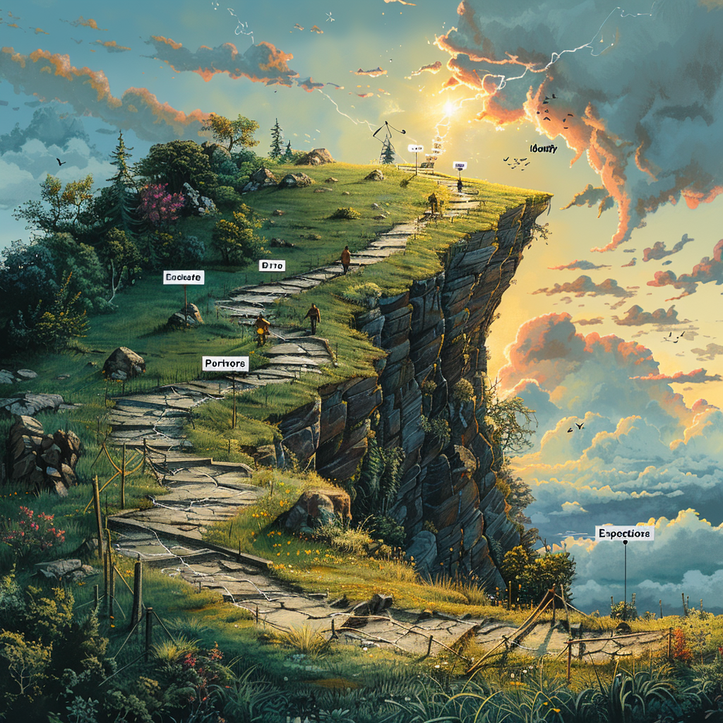 Imagine a winding mountain path representing the journey of HR outsourcing implementation. The path winds through a complex, lowland area – symbolizing the initial stages of the process. Signposts along the path mark critical steps, guiding the way toward a bright, clear peak with vibrant colors. This imagery conveys a sense of progress, a structured approach leading to success in HR outsourcing.